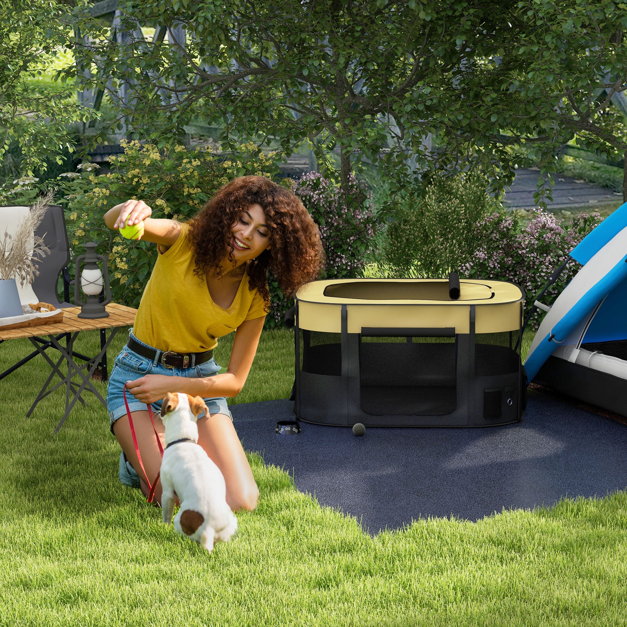 PawHut Dog Pen, Pet Playpen, Portable Foldable Dog Cat Playpen Soft Dog Cage with Storage Bag for Puppies, Rabbits, Kittens, Guinea Pigs, 114 x 89 x 59cm - Yellow