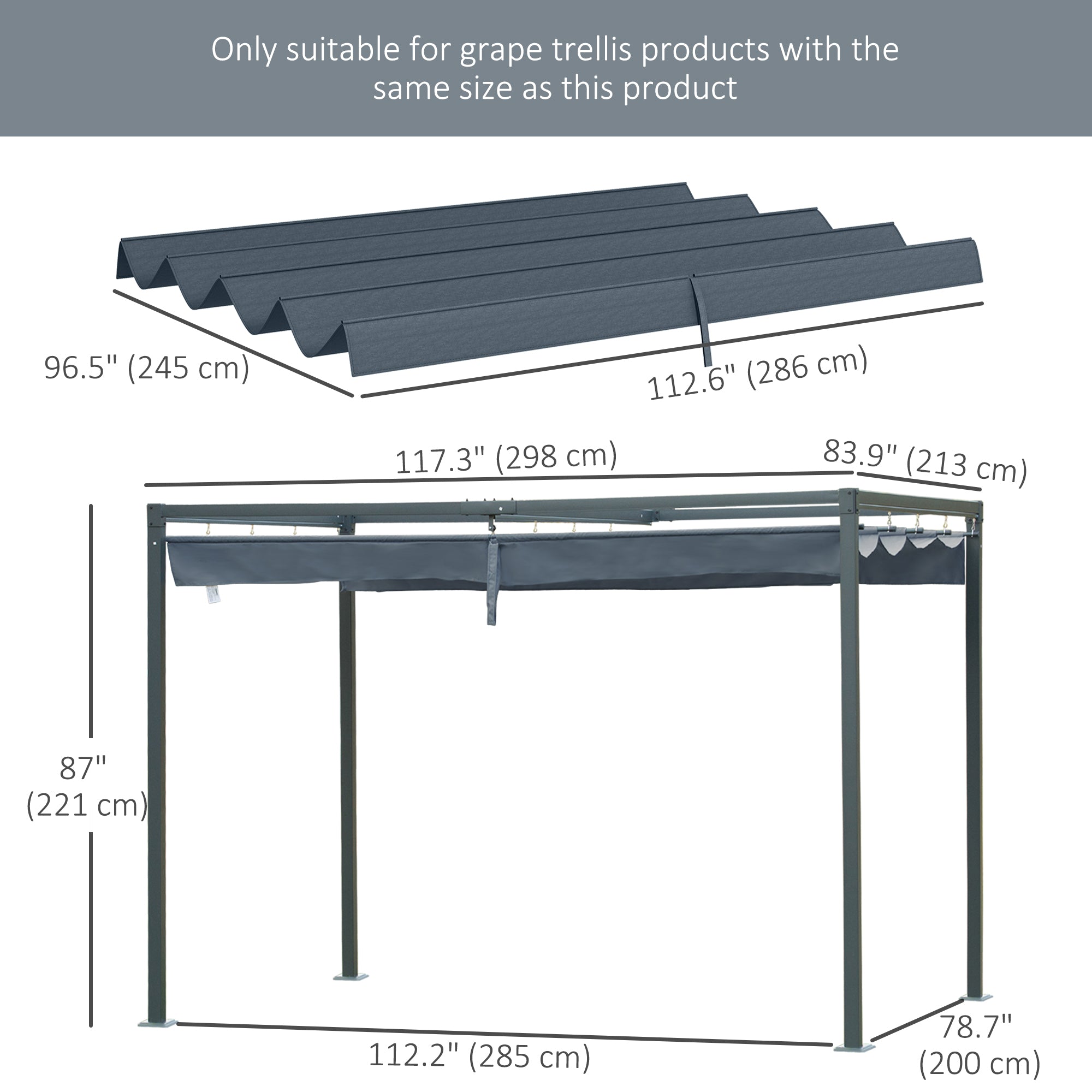 Outsunny Retractable Pergola Canopy, Sun Shade Cover, UV30+ Protected Replacement Canopy Fabric for 9.8' x 7.1' Pergola, Dark Grey