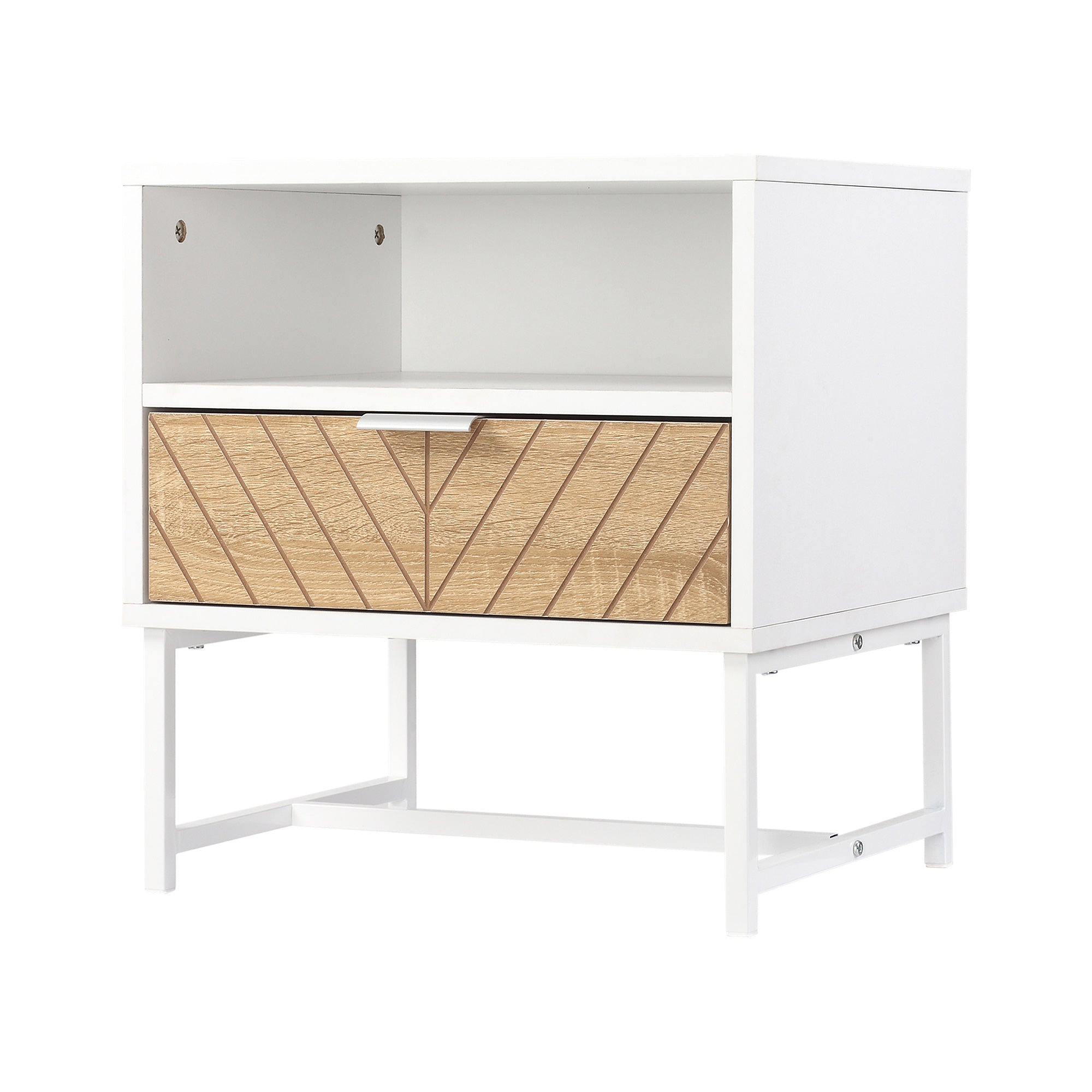 HOMCOM Modern Bedside Table with Drawer and Storage Shelf, Nightstand with Metal Base, Sofa End Table for Bedroom, White and Oak