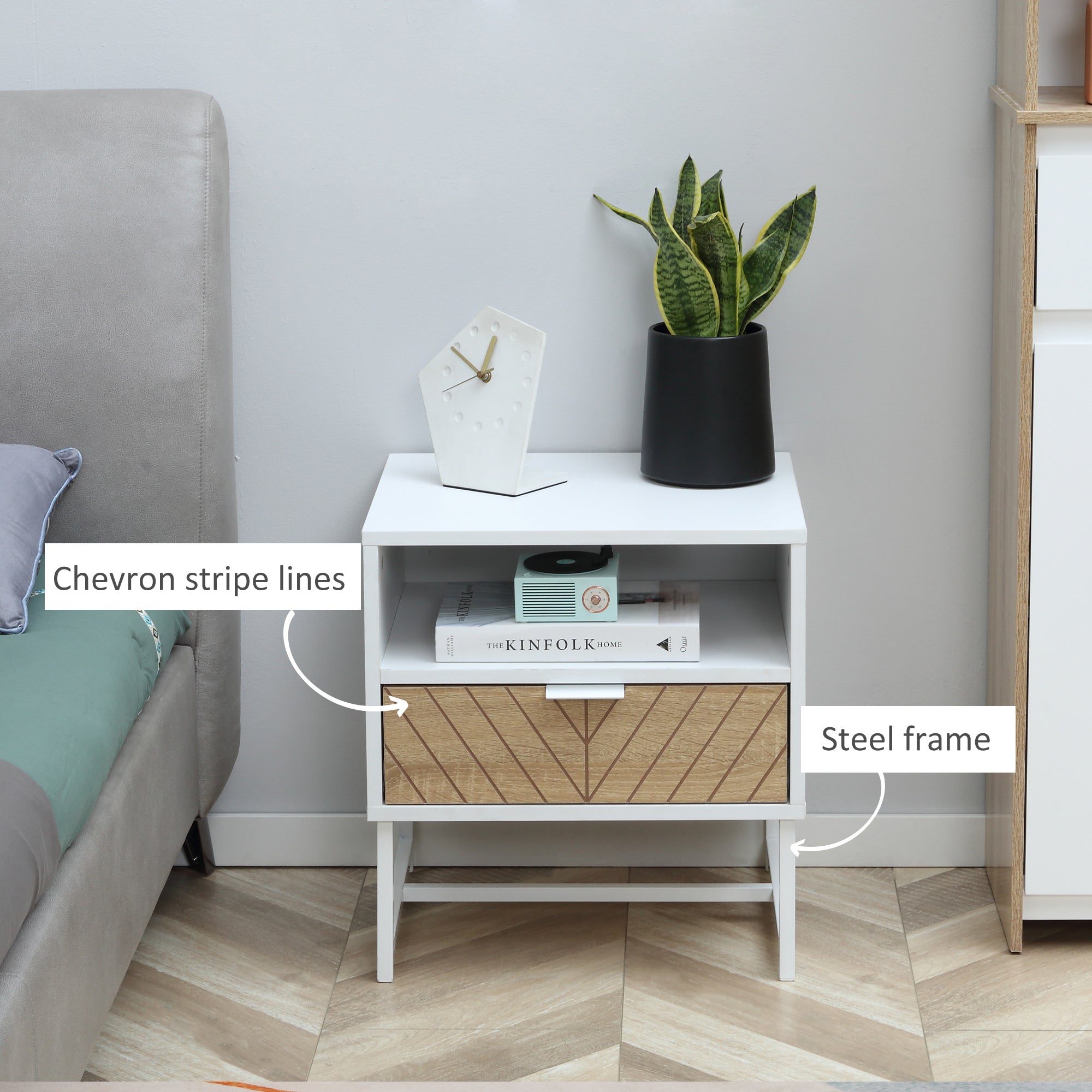 HOMCOM Modern Bedside Table with Drawer and Storage Shelf, Nightstand with Metal Base, Sofa End Table for Bedroom, White and Oak