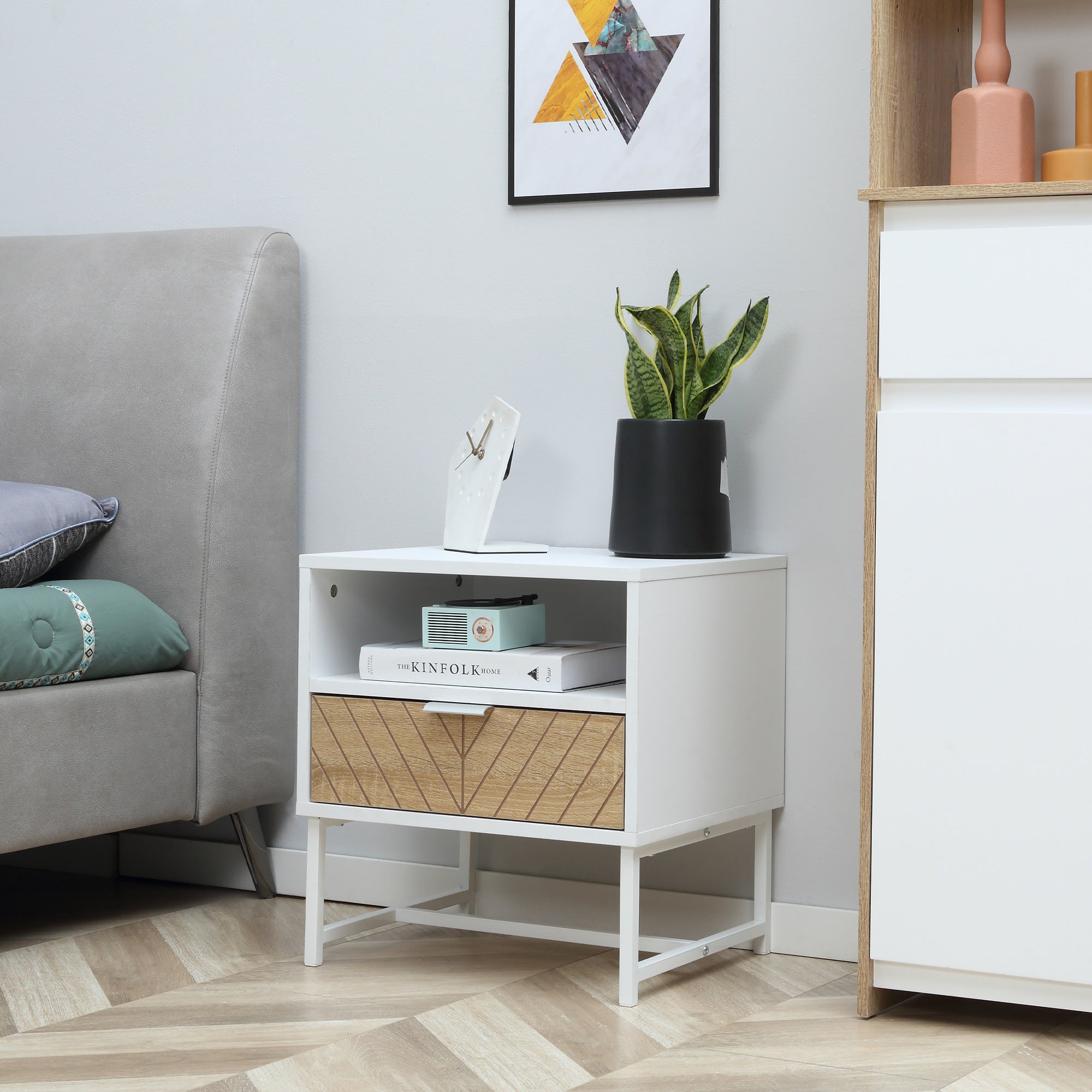 HOMCOM Modern Bedside Table with Drawer and Storage Shelf, Nightstand with Metal Base, Sofa End Table for Bedroom, White and Oak