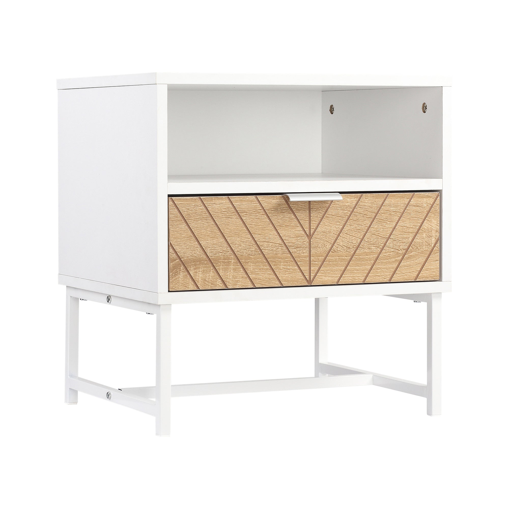 HOMCOM Modern Bedside Table with Drawer and Storage Shelf, Nightstand with Metal Base, Sofa End Table for Bedroom, White and Oak