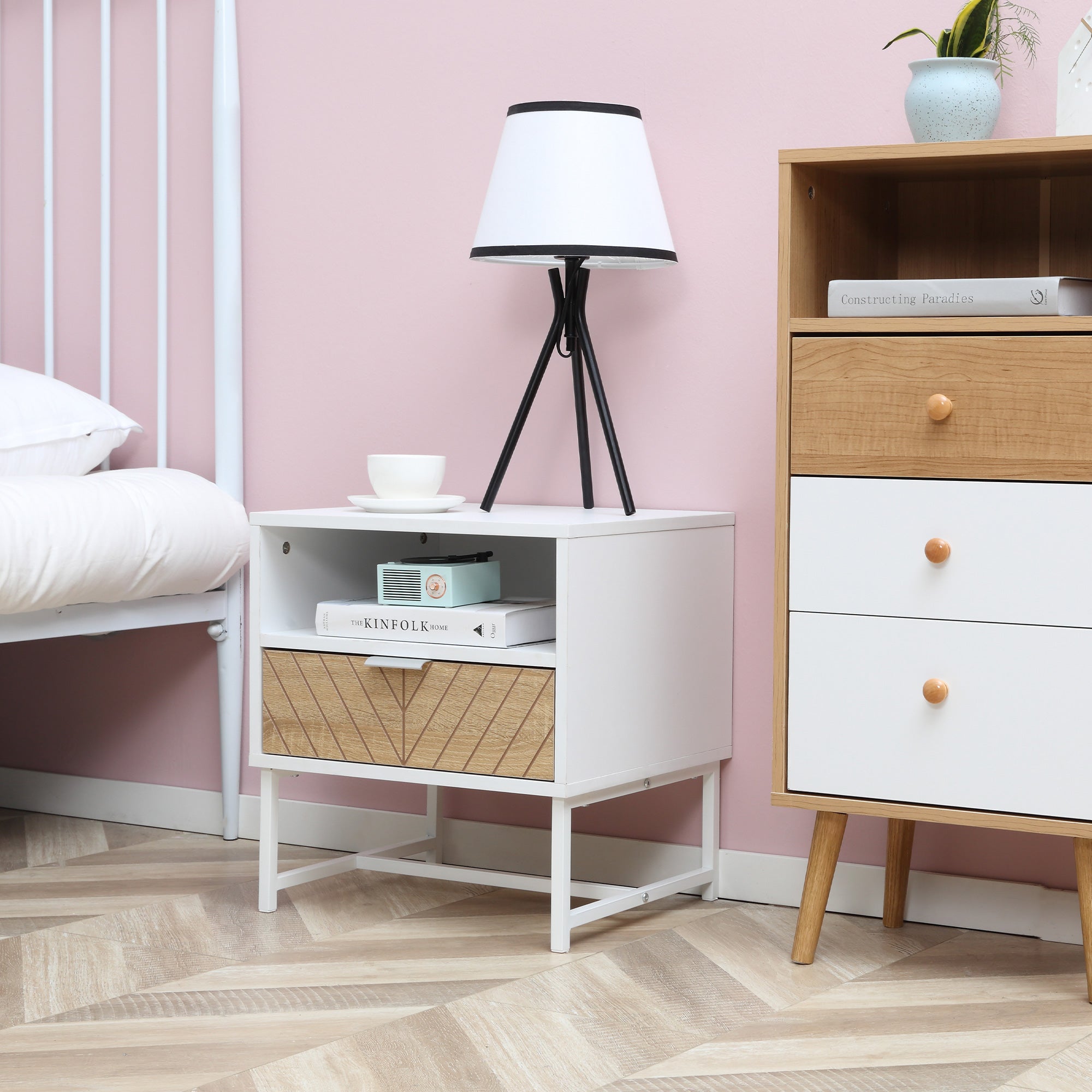 HOMCOM Modern Bedside Table with Drawer and Storage Shelf, Nightstand with Metal Base, Sofa End Table for Bedroom, White and Oak