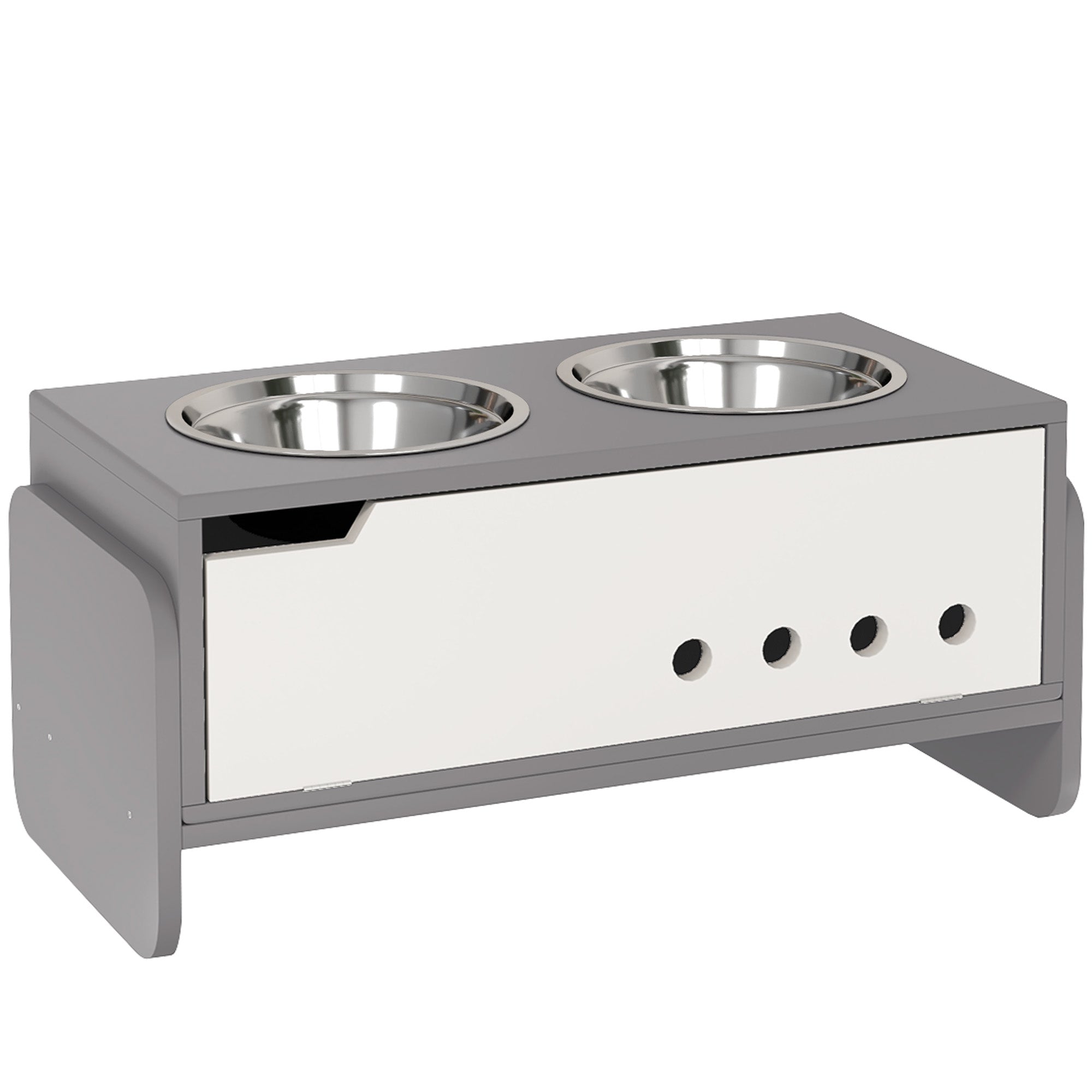 PawHut Raised Dog Bowls with Stand, 3 Height Adjustable Dog Feeding Storage Station with Slow Feeder Mat, 2 x 2000mL Stainless Steel Bowls for Medium to Extra Large Dogs - Grey