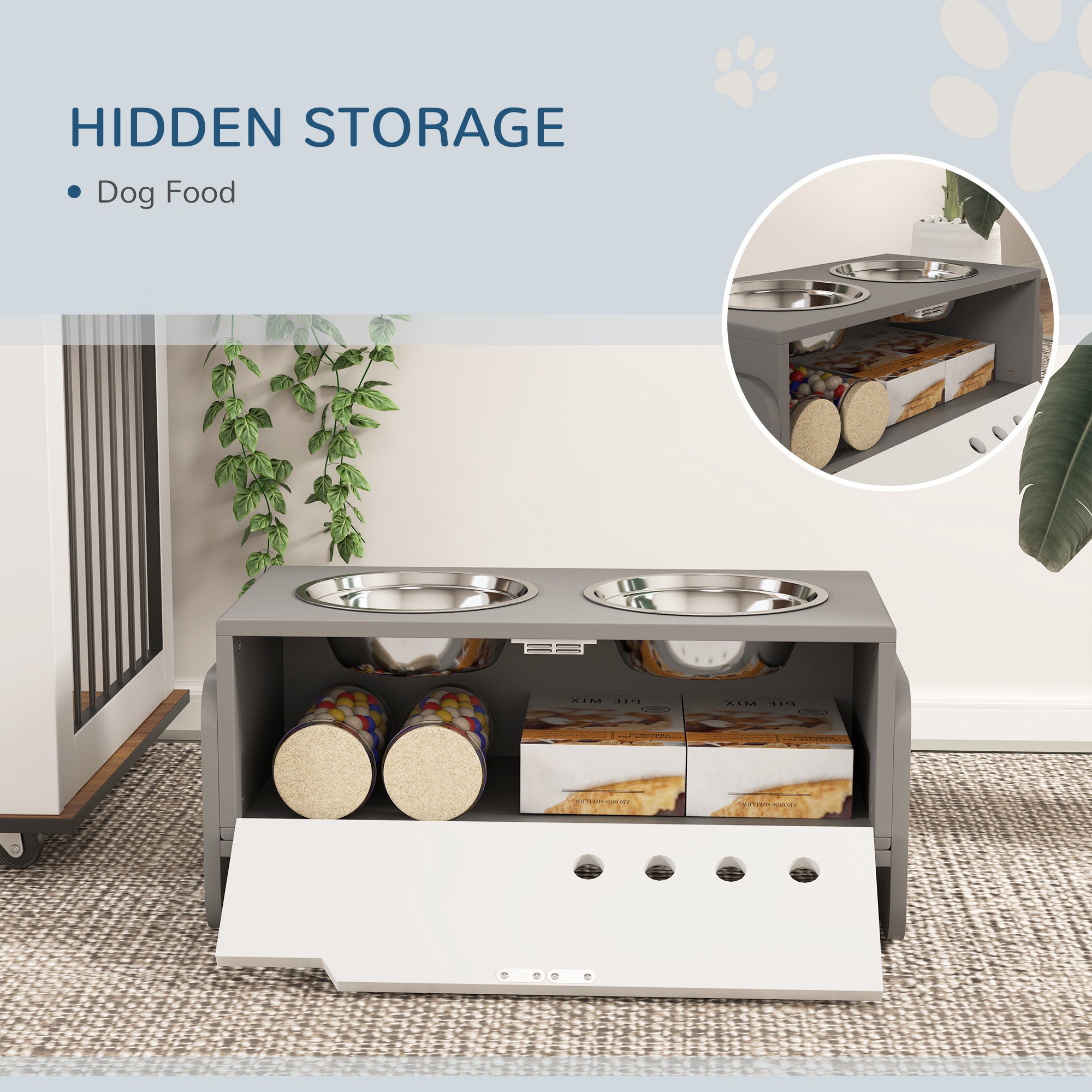 PawHut Raised Dog Bowls with Stand, 3 Height Adjustable Dog Feeding Storage Station with Slow Feeder Mat, 2 x 2000mL Stainless Steel Bowls for Medium to Extra Large Dogs - Grey