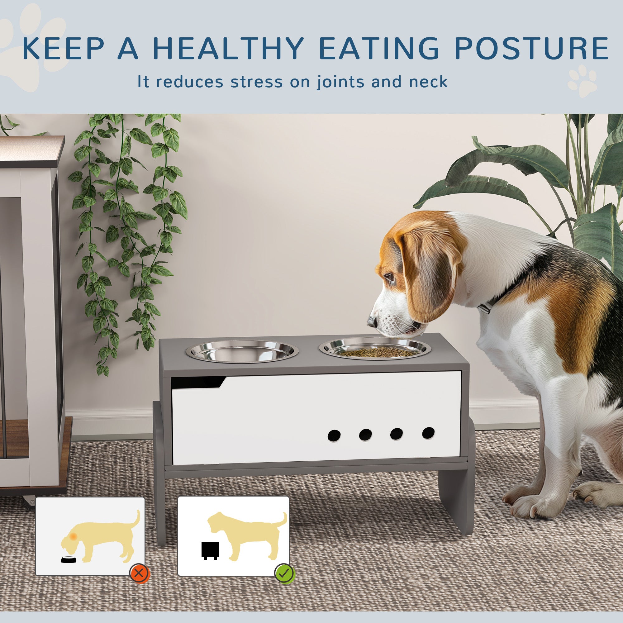 PawHut Raised Dog Bowls with Stand, 3 Height Adjustable Dog Feeding Storage Station with Slow Feeder Mat, 2 x 2000mL Stainless Steel Bowls for Medium to Extra Large Dogs - Grey