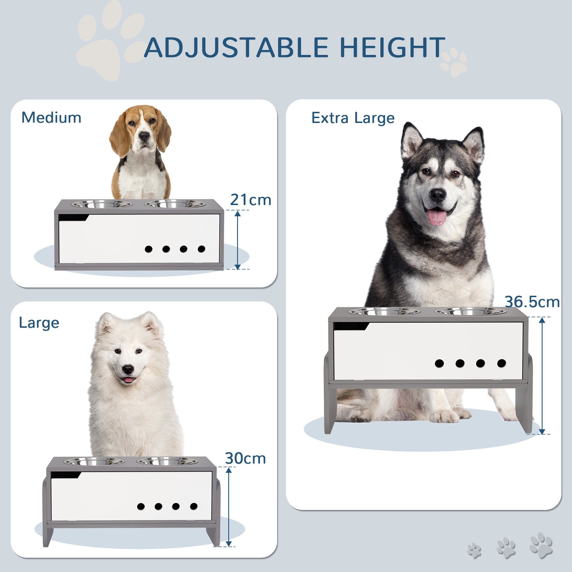 PawHut Raised Dog Bowls with Stand, 3 Height Adjustable Dog Feeding Storage Station with Slow Feeder Mat, 2 x 2000mL Stainless Steel Bowls for Medium to Extra Large Dogs - Grey