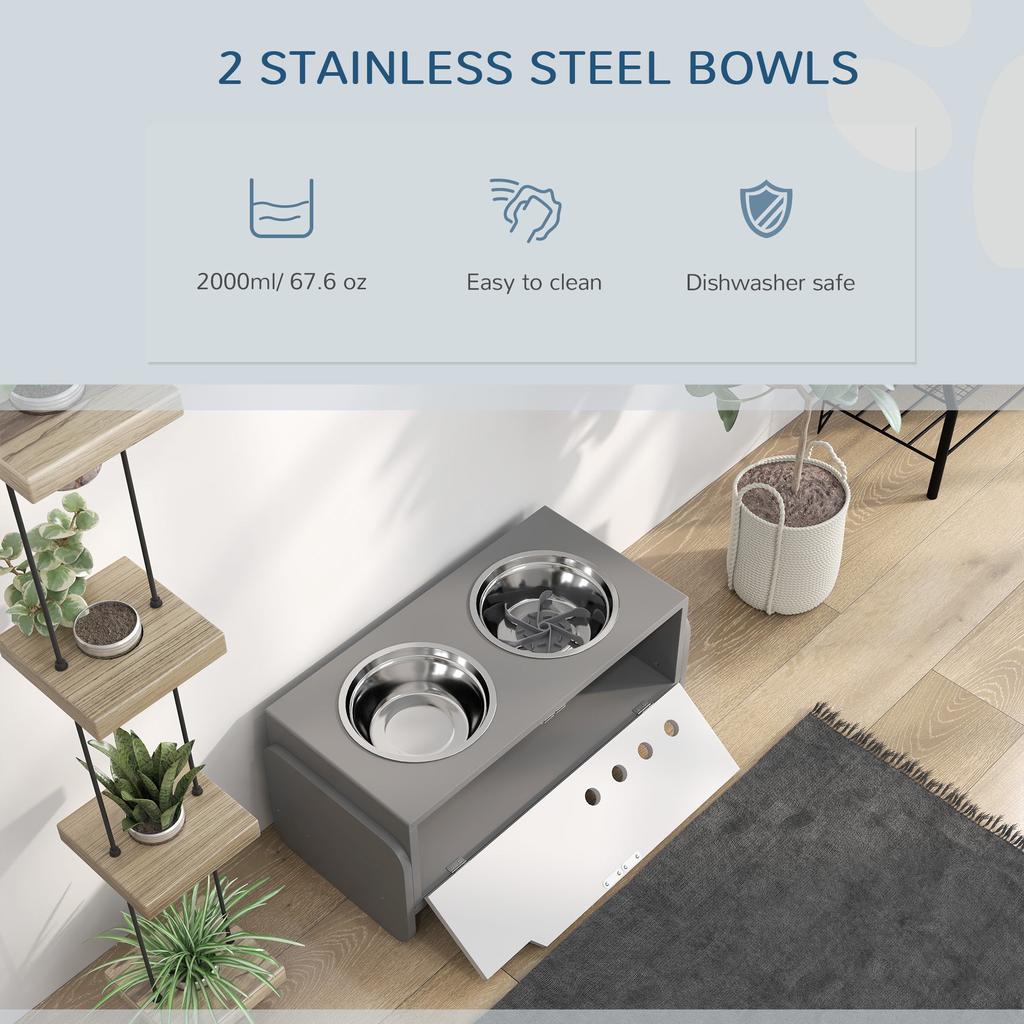 PawHut Raised Dog Bowls with Stand, 3 Height Adjustable Dog Feeding Storage Station with Slow Feeder Mat, 2 x 2000mL Stainless Steel Bowls for Medium to Extra Large Dogs - Grey
