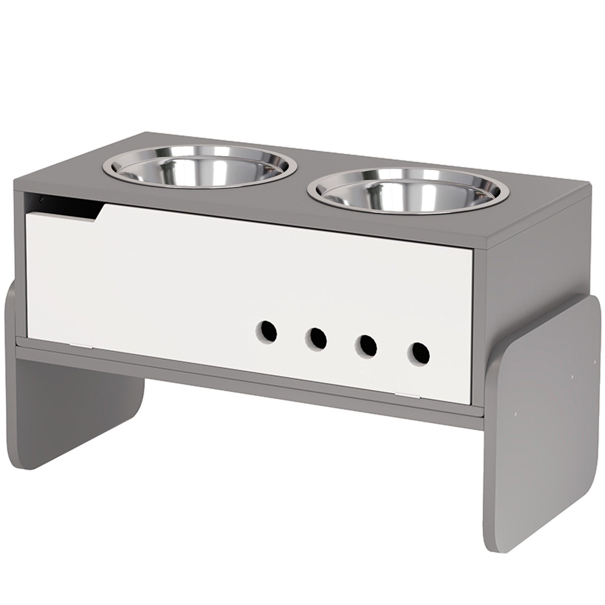 PawHut Raised Dog Bowls with Stand, 3 Height Adjustable Dog Feeding Storage Station with Slow Feeder Mat, 2 x 2000mL Stainless Steel Bowls for Medium to Extra Large Dogs - Grey