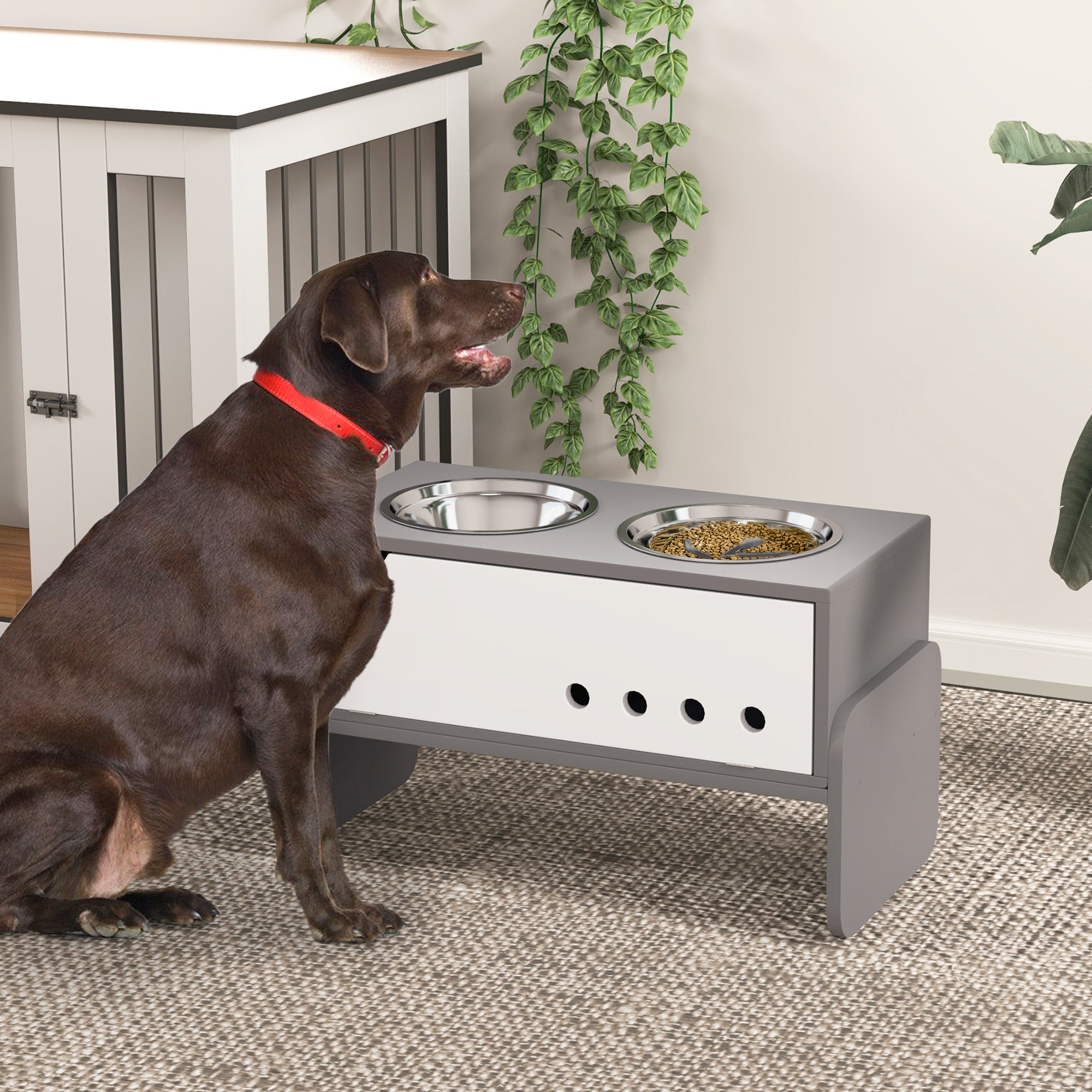 PawHut Raised Dog Bowls with Stand, 3 Height Adjustable Dog Feeding Storage Station with Slow Feeder Mat, 2 x 2000mL Stainless Steel Bowls for Medium to Extra Large Dogs - Grey