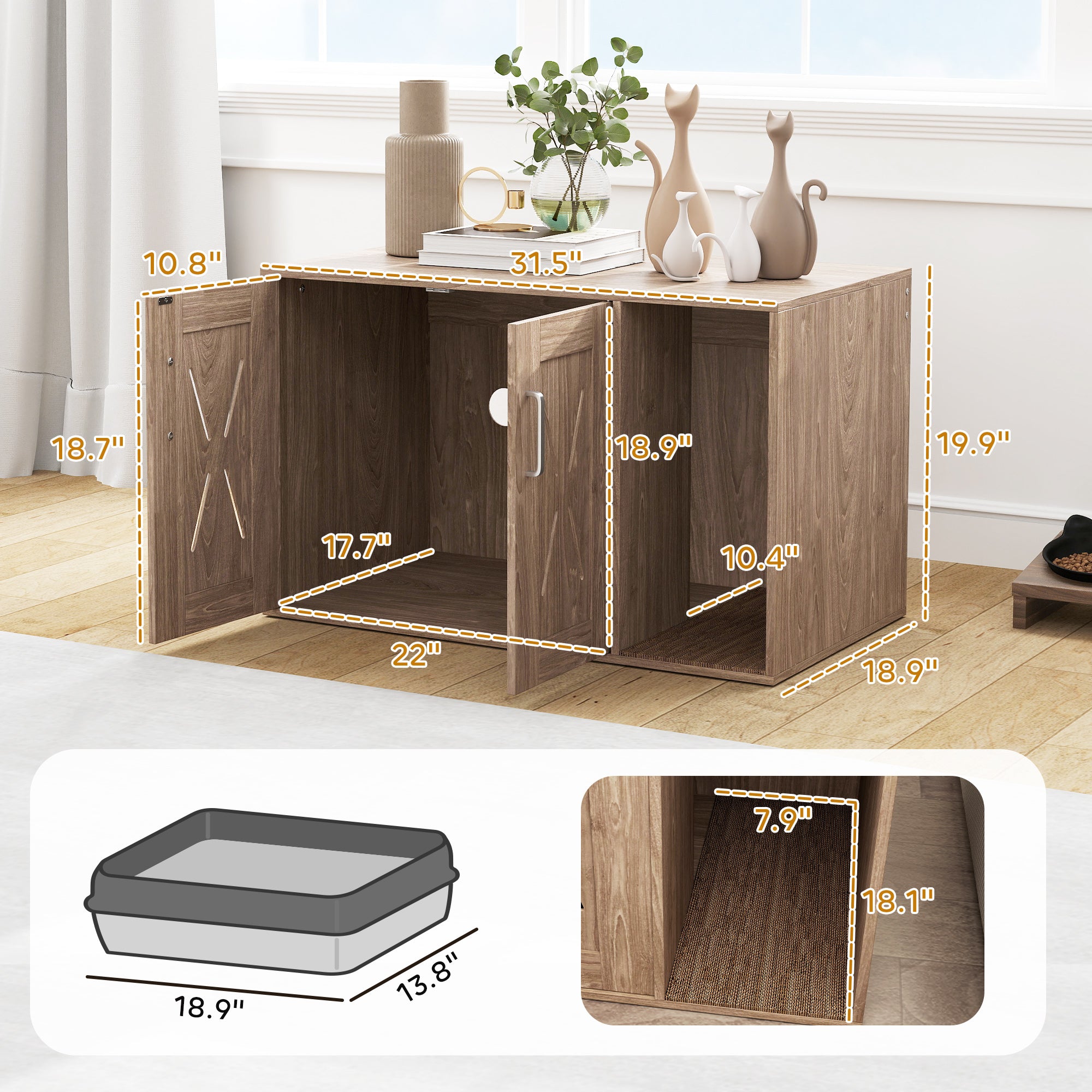 PawHut Cat Litter Box Enclosure, Hidden Litter Box Furniture with Scratching Board, Cat Washroom End Side Table for Indoor Use, 31.5" x 19" x 20", Walnut Brown