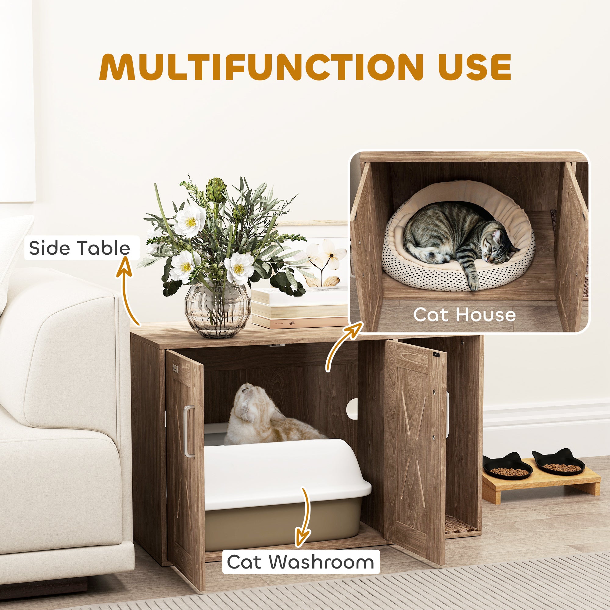 PawHut Cat Litter Box Enclosure, Hidden Litter Box Furniture with Scratching Board, Cat Washroom End Side Table for Indoor Use, 31.5" x 19" x 20", Walnut Brown