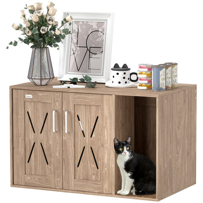 PawHut Cat Litter Box Enclosure, Hidden Litter Box Furniture with Scratching Board, Cat Washroom End Side Table for Indoor Use, 31.5" x 19" x 20", Walnut Brown