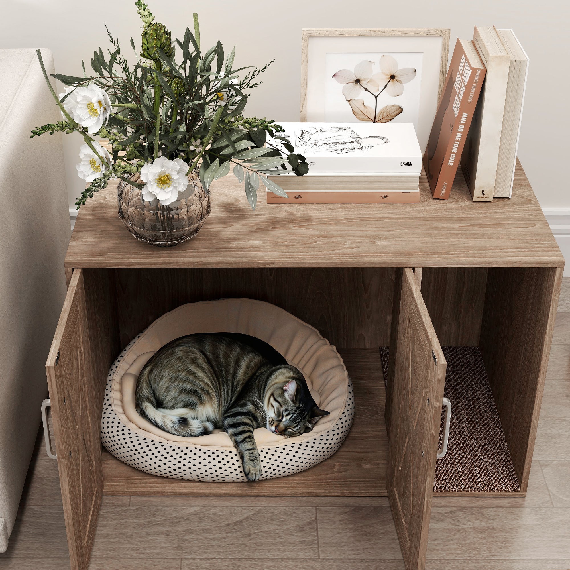 PawHut Cat Litter Box Enclosure, Hidden Litter Box Furniture with Scratching Board, Cat Washroom End Side Table for Indoor Use, 31.5" x 19" x 20", Walnut Brown