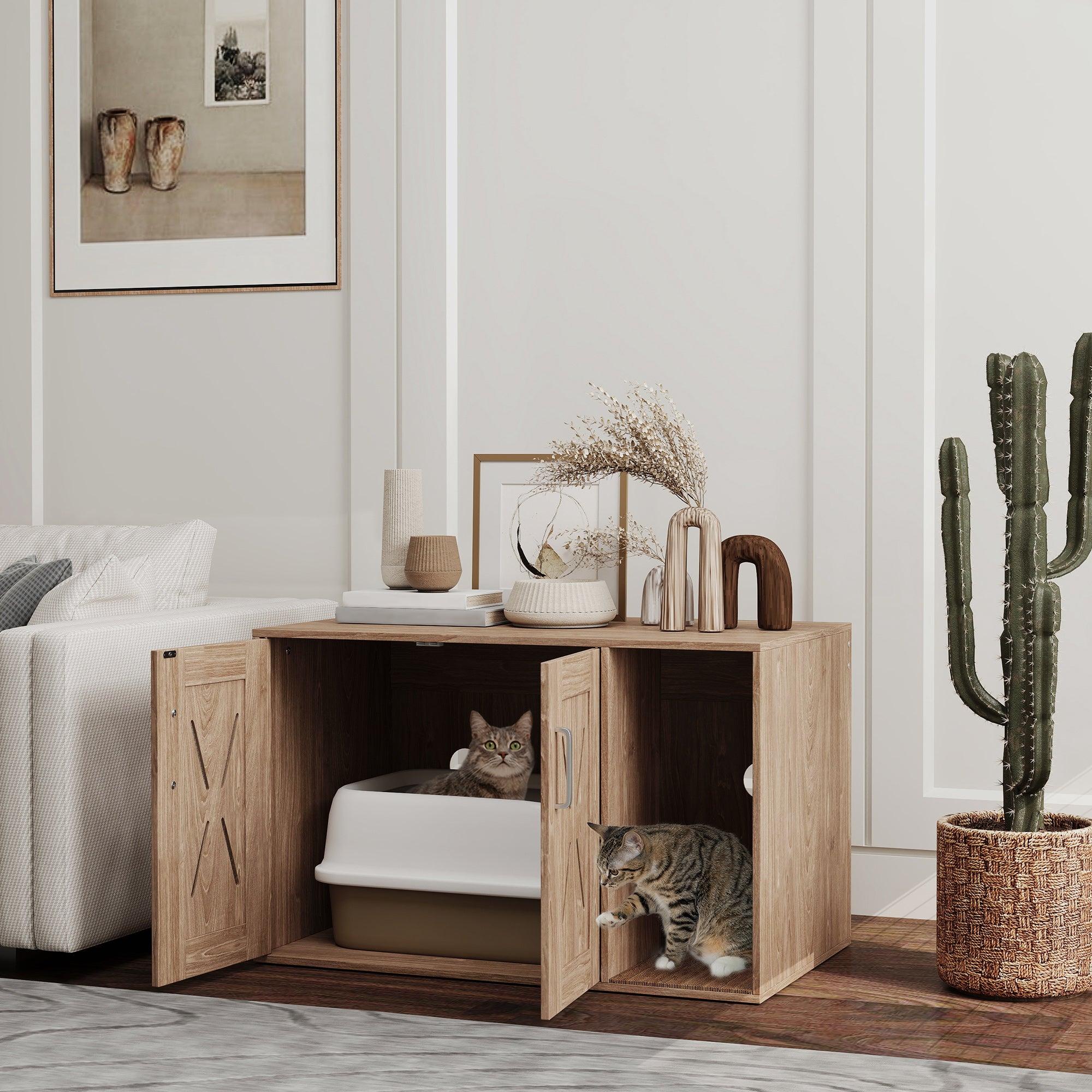 PawHut Cat Litter Box Enclosure, Hidden Litter Box Furniture with Scratching Board, Cat Washroom End Side Table for Indoor Use, 31.5" x 19" x 20", Walnut Brown