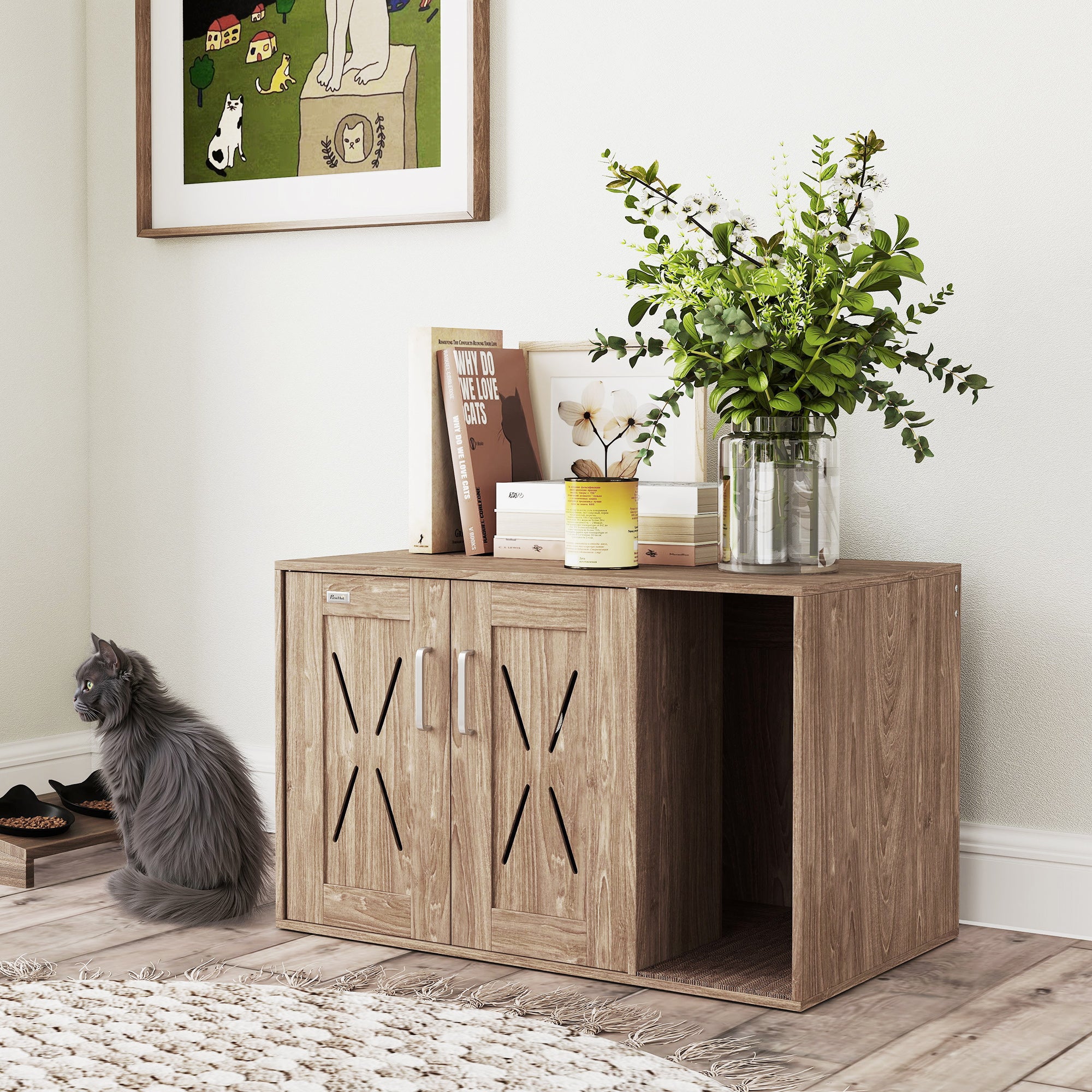 PawHut Cat Litter Box Enclosure, Hidden Litter Box Furniture with Scratching Board, Cat Washroom End Side Table for Indoor Use, 31.5" x 19" x 20", Walnut Brown