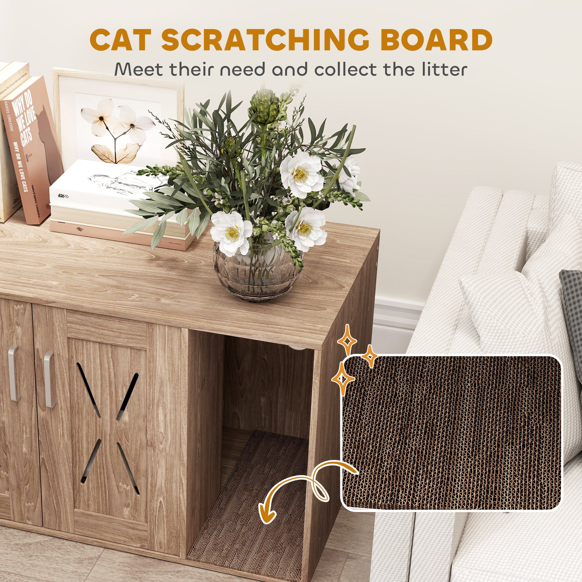PawHut Cat Litter Box Enclosure, Hidden Litter Box Furniture with Scratching Board, Cat Washroom End Side Table for Indoor Use, 31.5" x 19" x 20", Walnut Brown