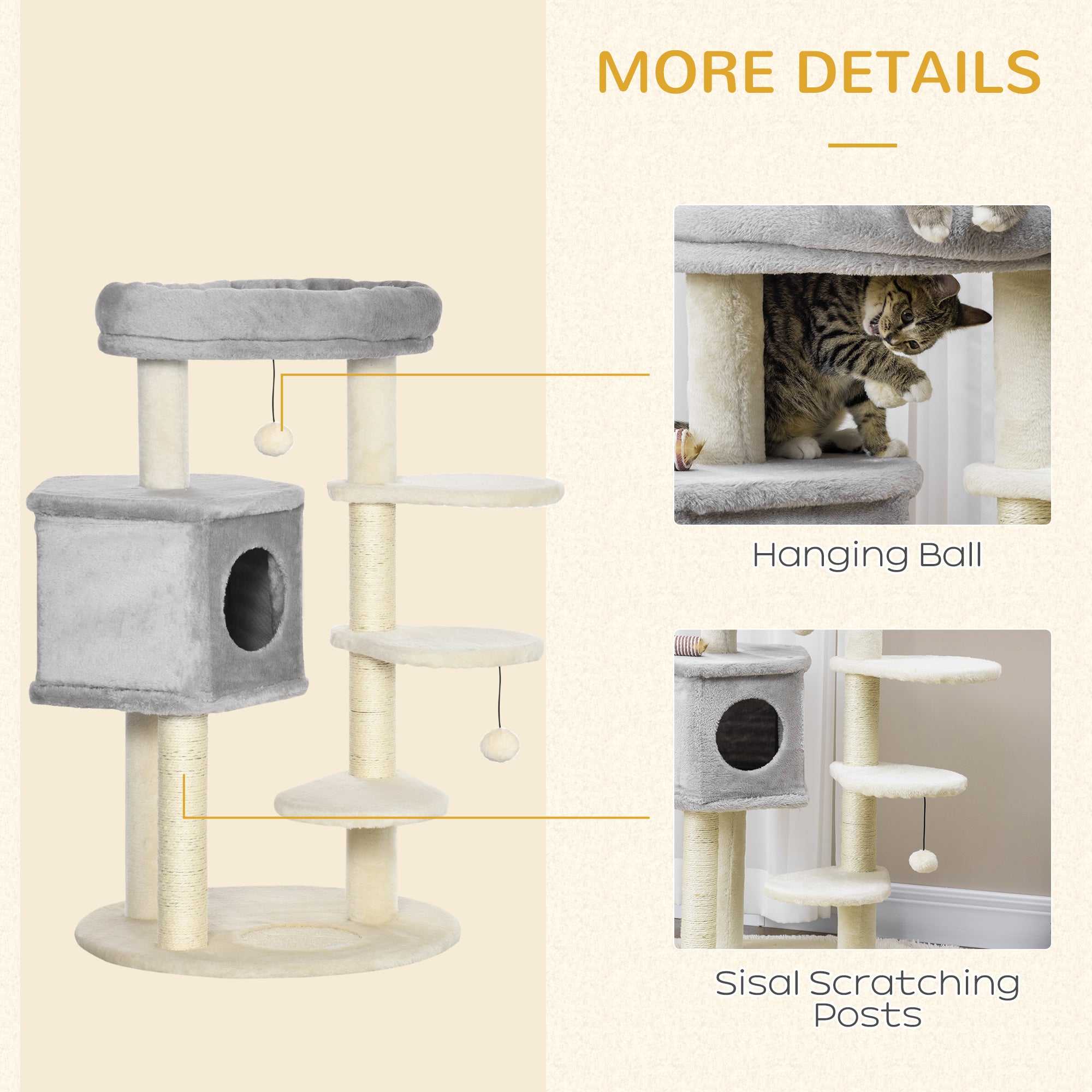 PawHut 37" Cat Tree for Indoor Cats, Cat Tower, Kitty Activity Center with Cat Bed Condo Hanging Ball Toys Sisal Rope Scratching Post, Light Grey