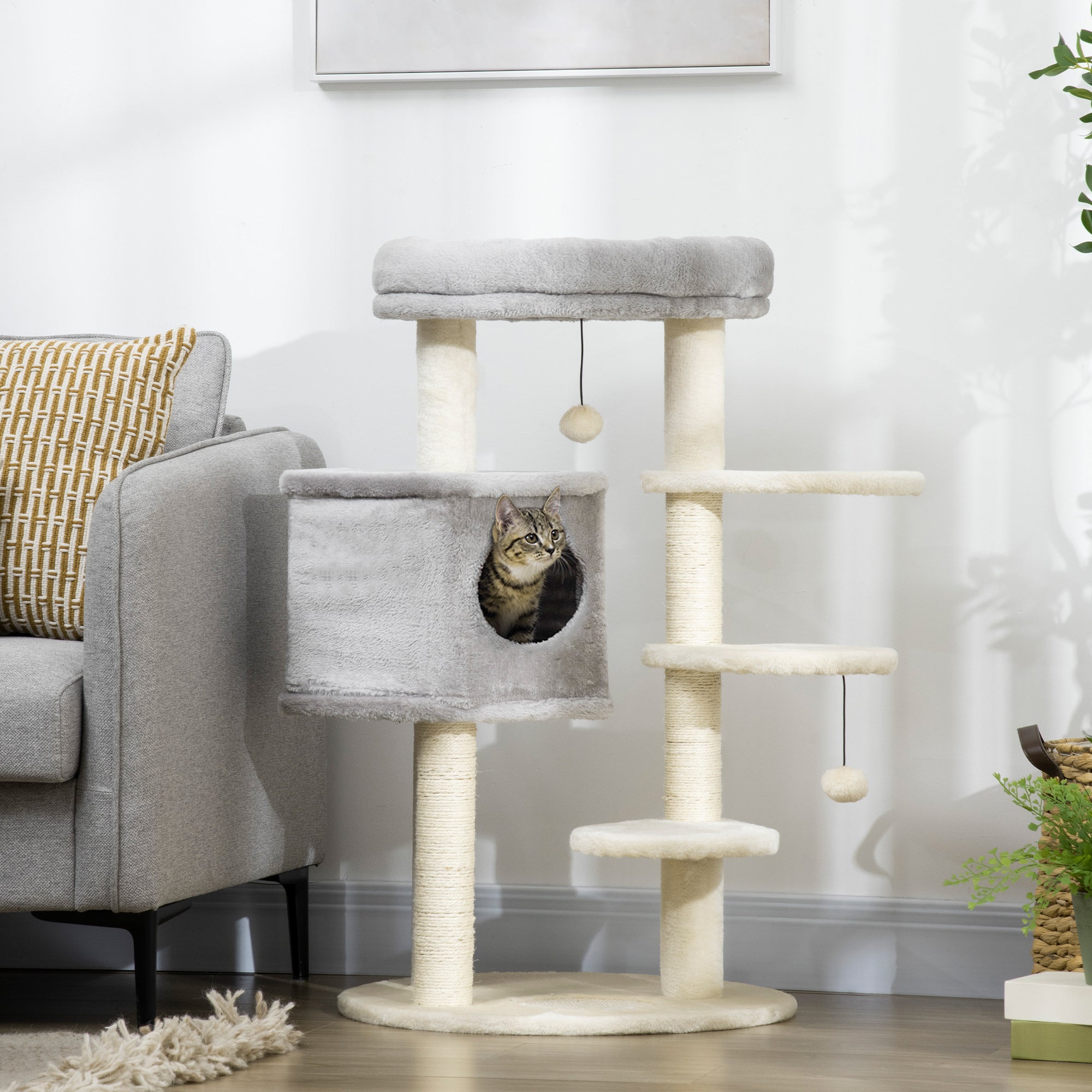 PawHut 37" Cat Tree for Indoor Cats, Cat Tower, Kitty Activity Center with Cat Bed Condo Hanging Ball Toys Sisal Rope Scratching Post, Light Grey