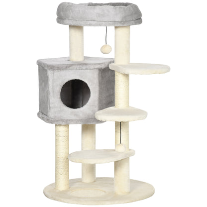 PawHut 37" Cat Tree for Indoor Cats, Cat Tower, Kitty Activity Center with Cat Bed Condo Hanging Ball Toys Sisal Rope Scratching Post, Light Grey