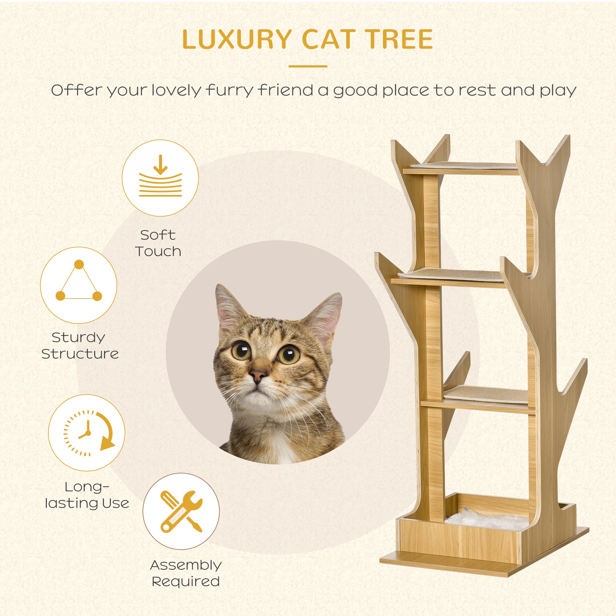PawHut 49" Cat Tree with Resting House, 4-level Cat Tower Furniture with Soft Cushion, Activity Center for Kittens, Cat Shelf for Playing Relaxing and Sleeping, Oak