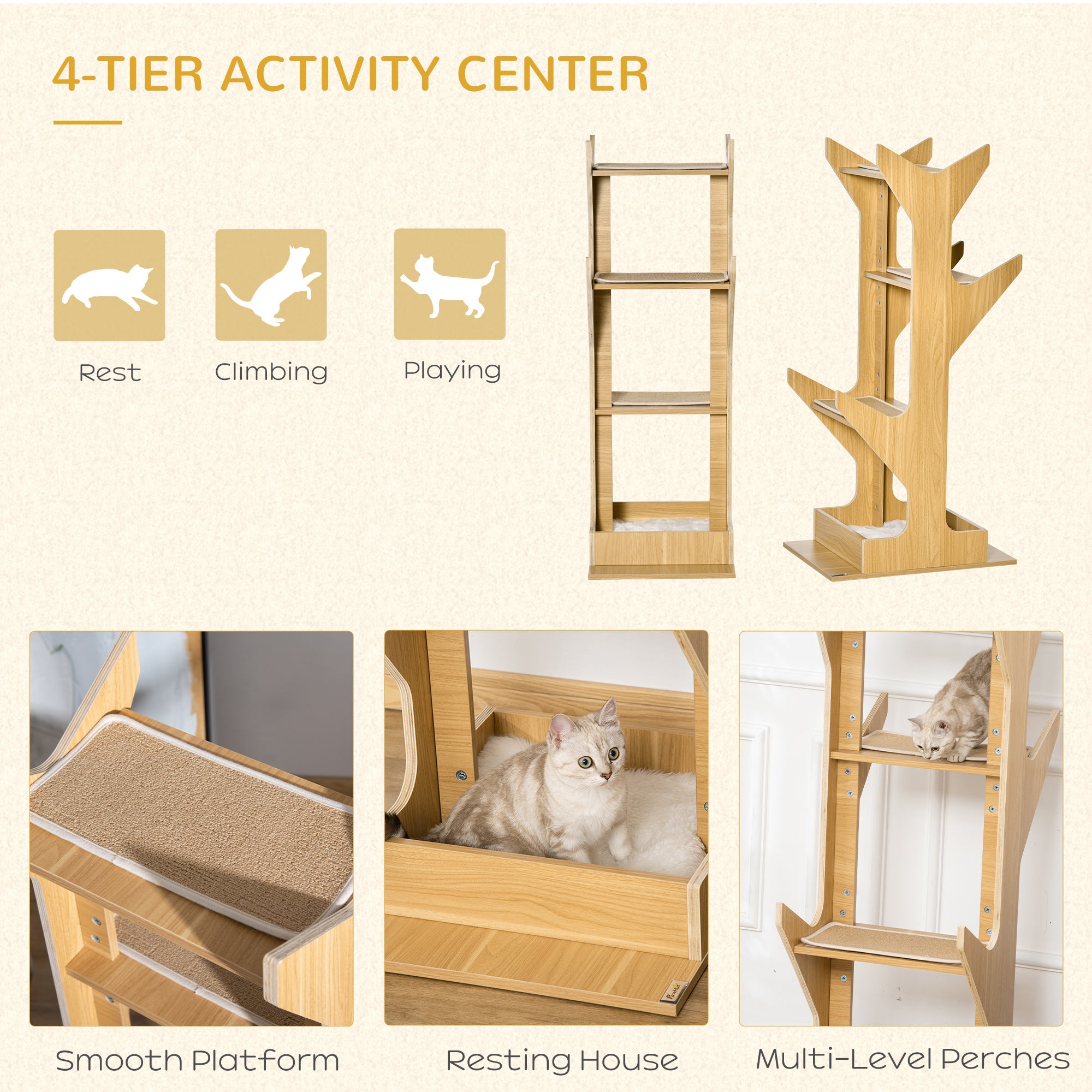 PawHut 49" Cat Tree with Resting House, 4-level Cat Tower Furniture with Soft Cushion, Activity Center for Kittens, Cat Shelf for Playing Relaxing and Sleeping, Oak