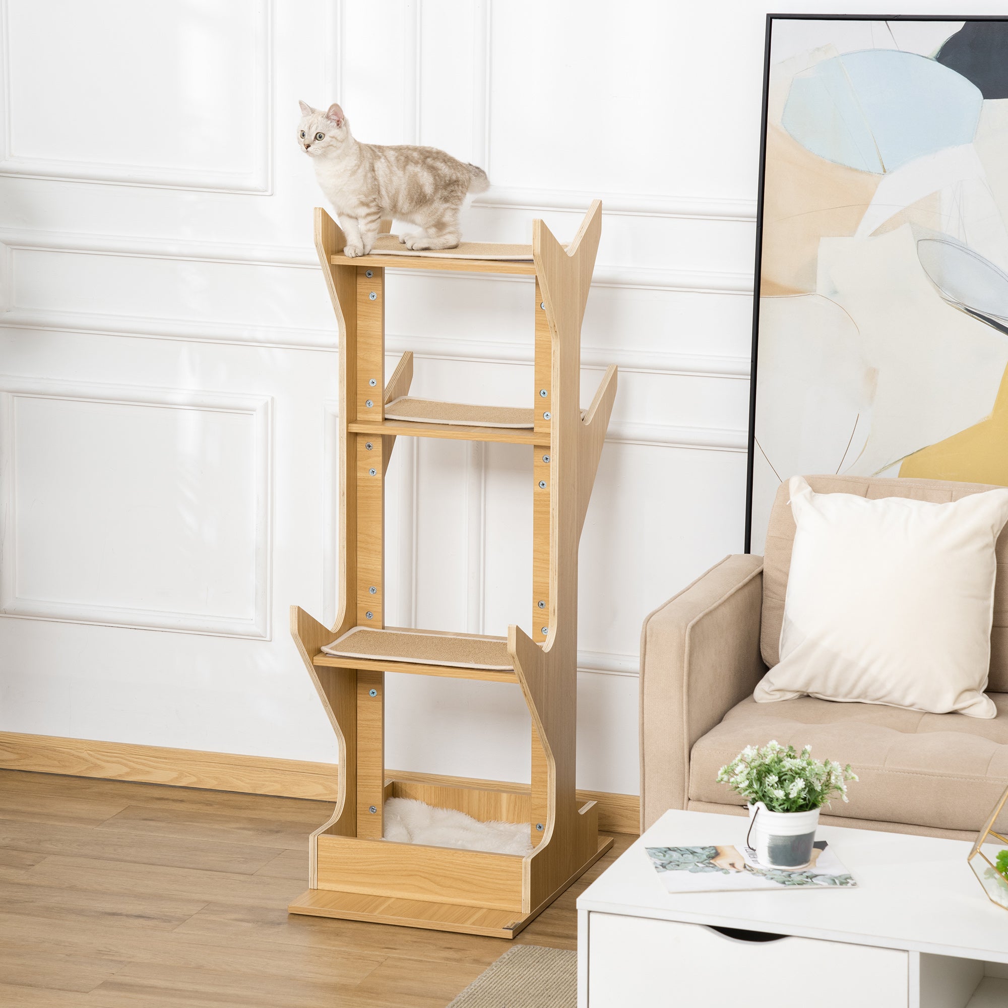 PawHut 49" Cat Tree with Resting House, 4-level Cat Tower Furniture with Soft Cushion, Activity Center for Kittens, Cat Shelf for Playing Relaxing and Sleeping, Oak