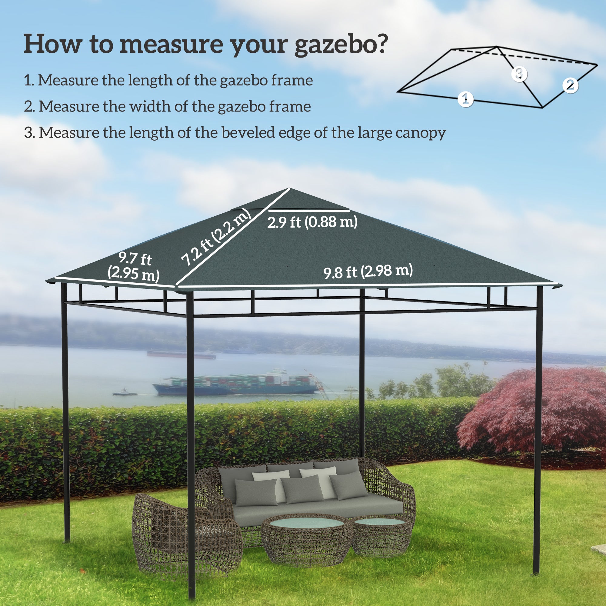 Outsunny 9.8' x 9.7' Square Gazebo Canopy Replacement UV Protected Top Cover Sun Shade Grey
