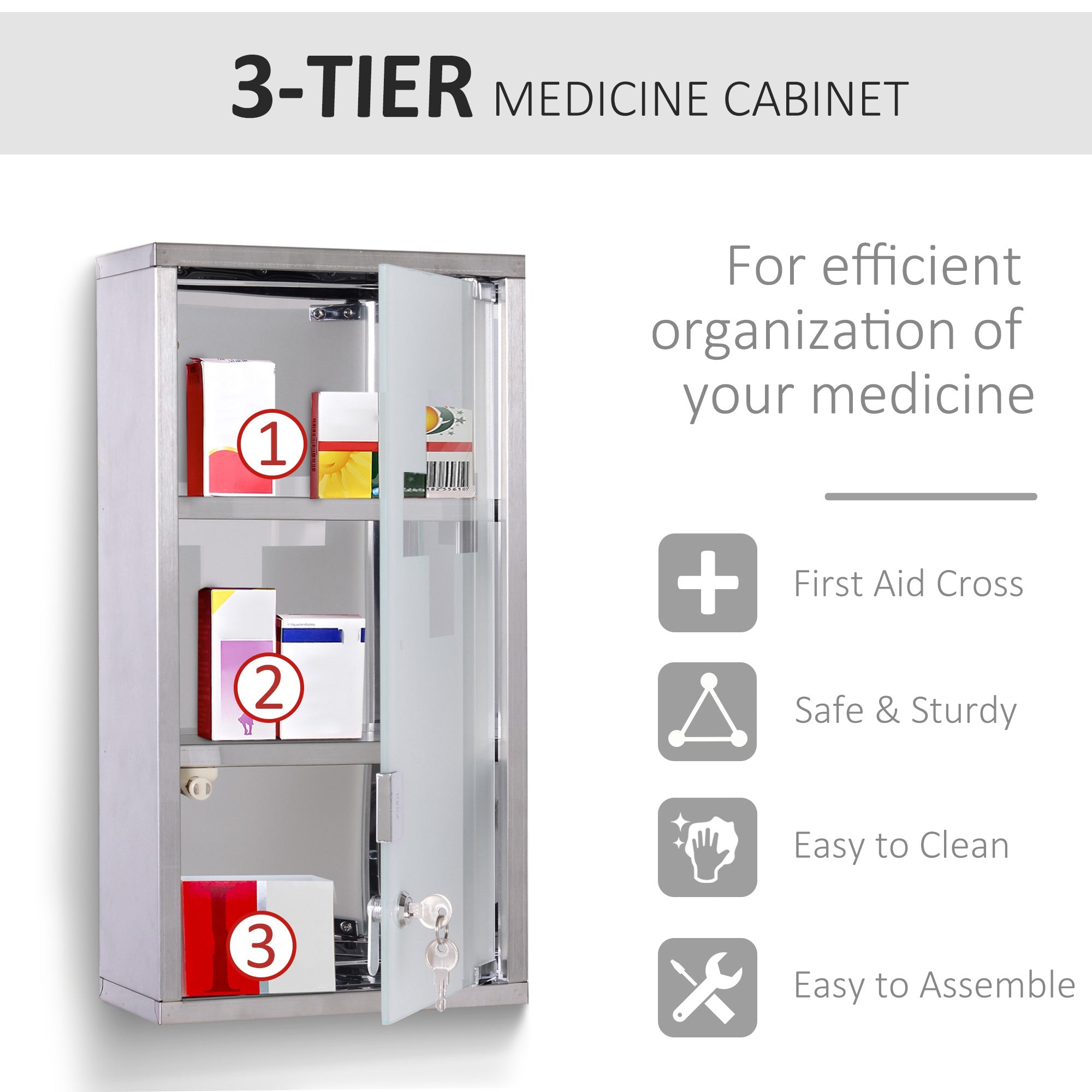 HOMCOM Wall Mount Medicine Cabinet, Bathroom Cabinet with 3 Tier Shelves, Stainless Steel Frame and Glass Door, Lockable with 2 Keys, Silver, 10