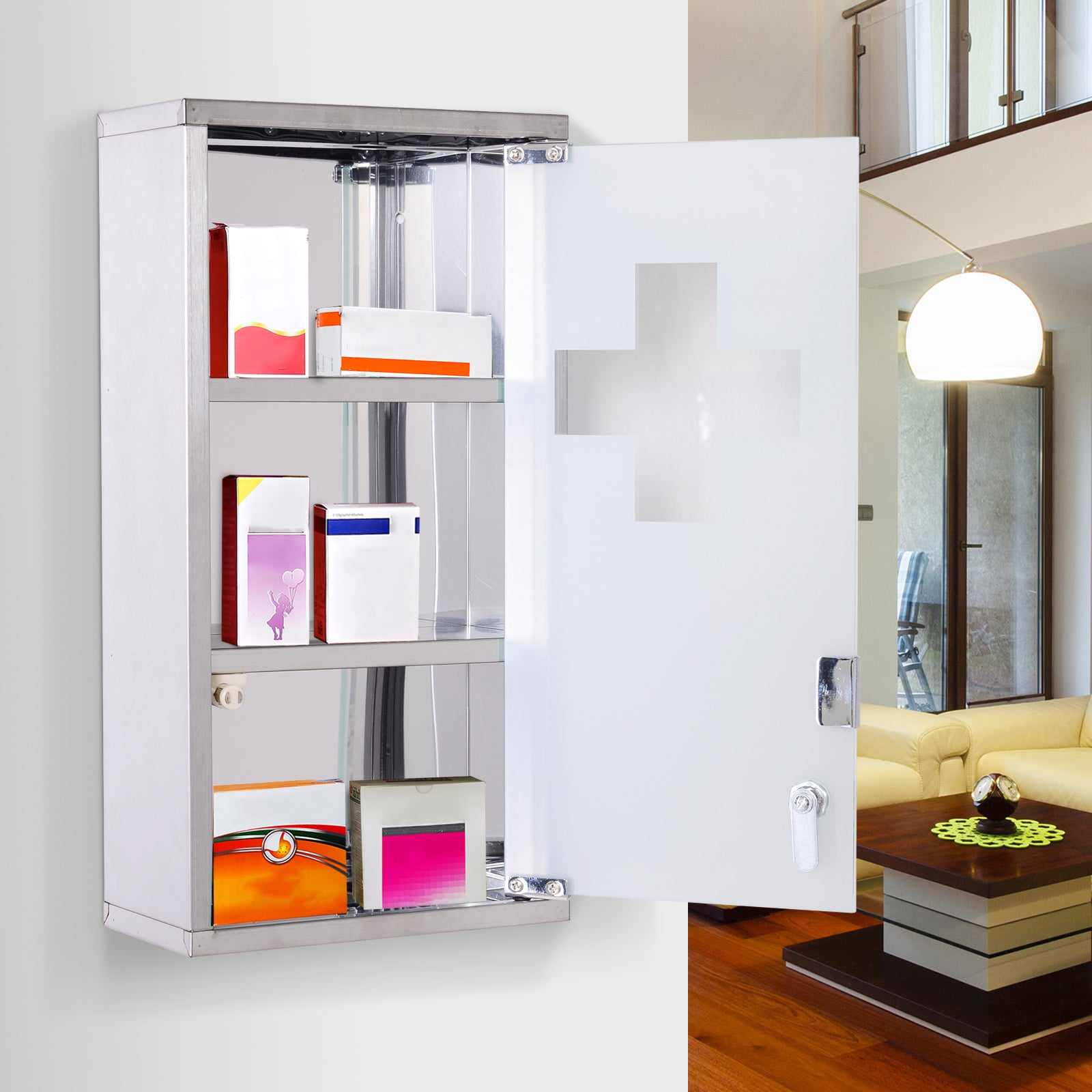 HOMCOM Wall Mount Medicine Cabinet, Bathroom Cabinet with 3 Tier Shelves, Stainless Steel Frame and Glass Door, Lockable with 2 Keys, Silver, 10