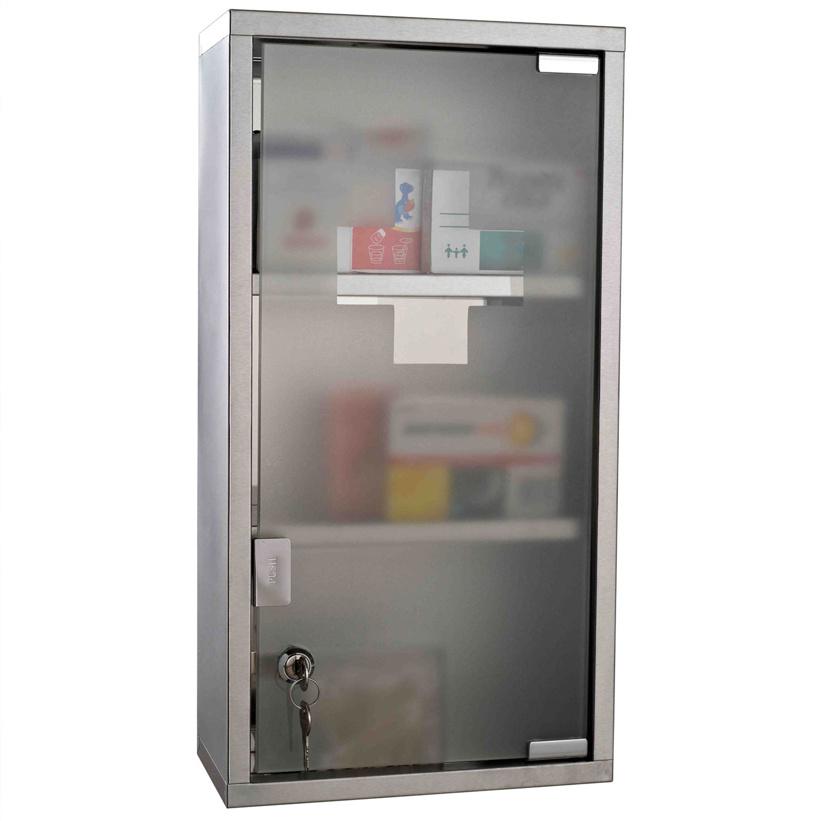 HOMCOM Wall Mount Medicine Cabinet, Bathroom Cabinet with 3 Tier Shelves, Stainless Steel Frame and Glass Door, Lockable with 2 Keys, Silver, 10