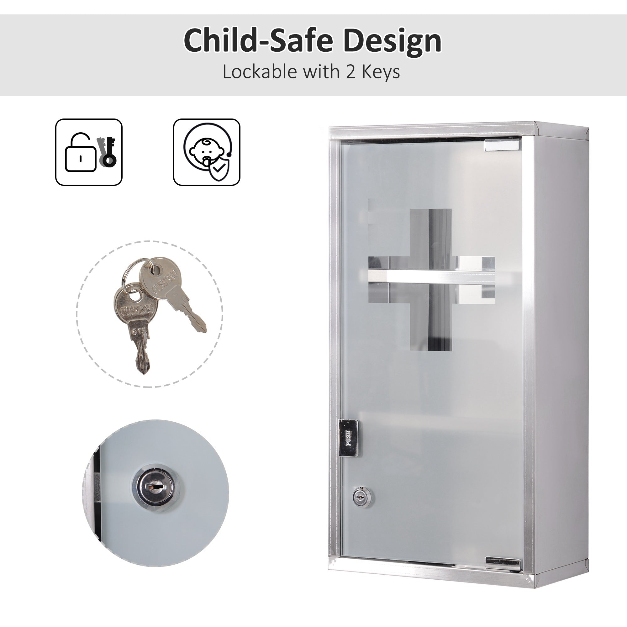 HOMCOM Wall Mount Medicine Cabinet, Bathroom Cabinet with 3 Tier Shelves, Stainless Steel Frame and Glass Door, Lockable with 2 Keys, Silver, 10