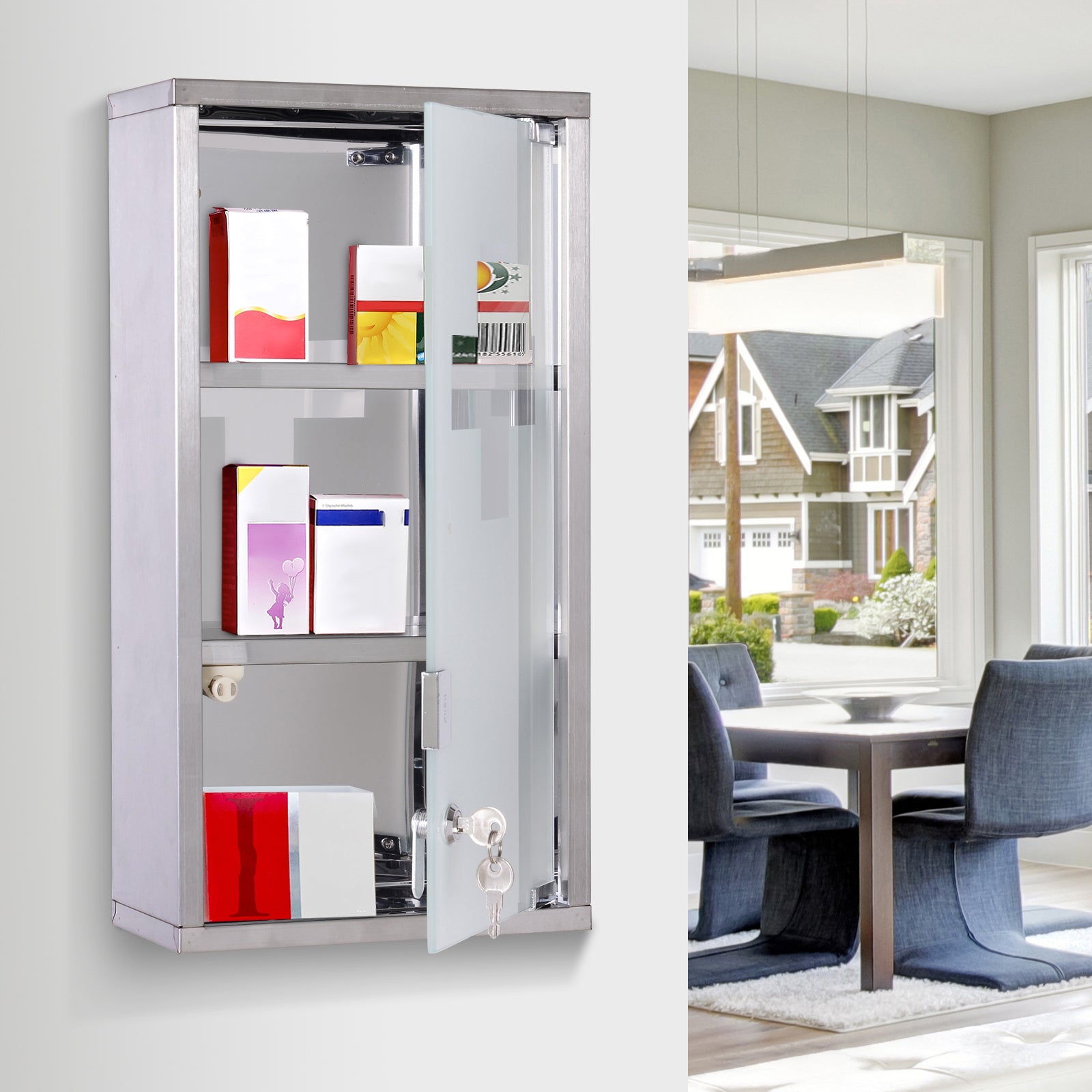HOMCOM Wall Mount Medicine Cabinet, Bathroom Cabinet with 3 Tier Shelves, Stainless Steel Frame and Glass Door, Lockable with 2 Keys, Silver, 10