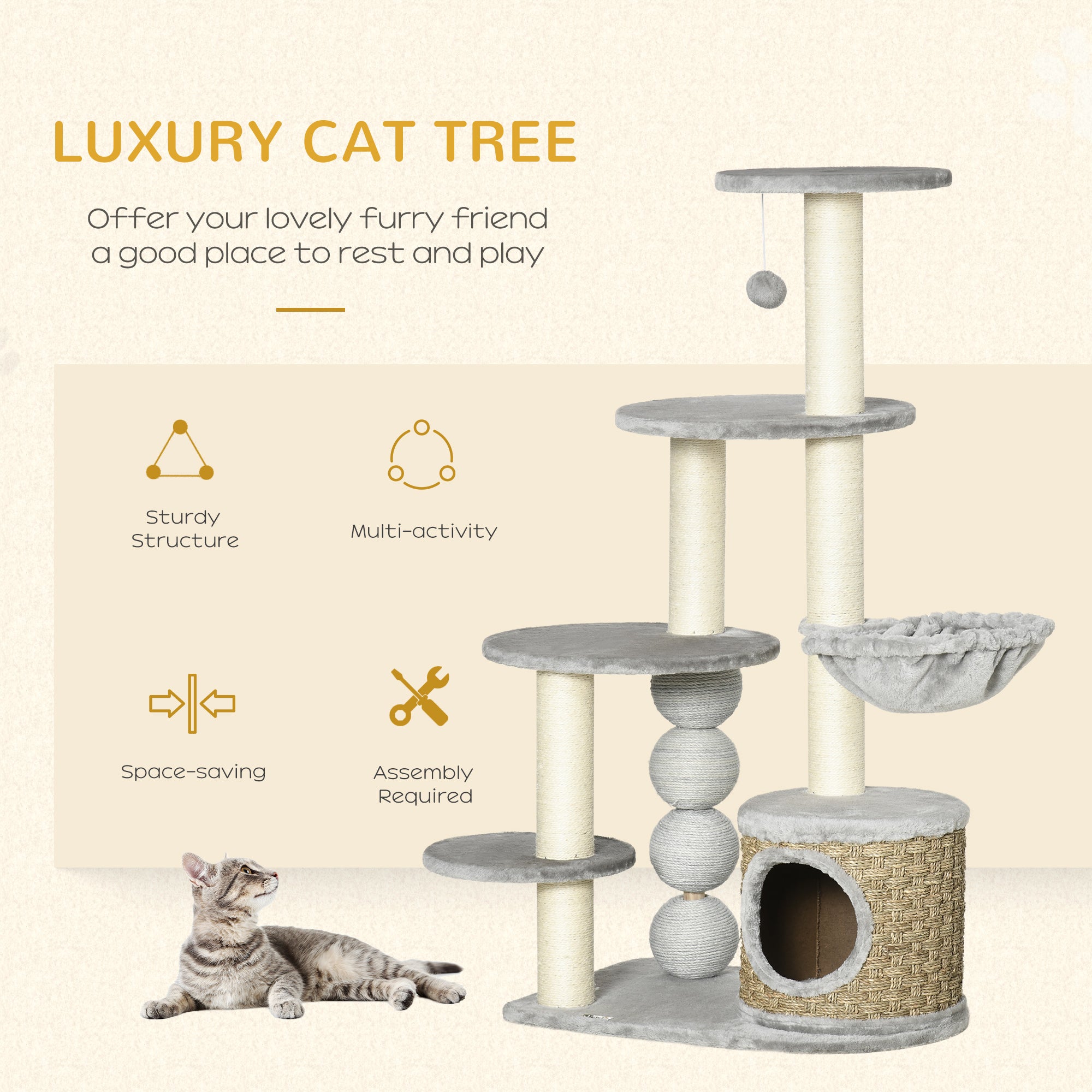 PawHut Cat Tree 115Hcm Cat Climbing Tower Kitten Activity Centre w/ Cat House, Hammock, Jute Scratching Post and Hanging Ball - Light Grey