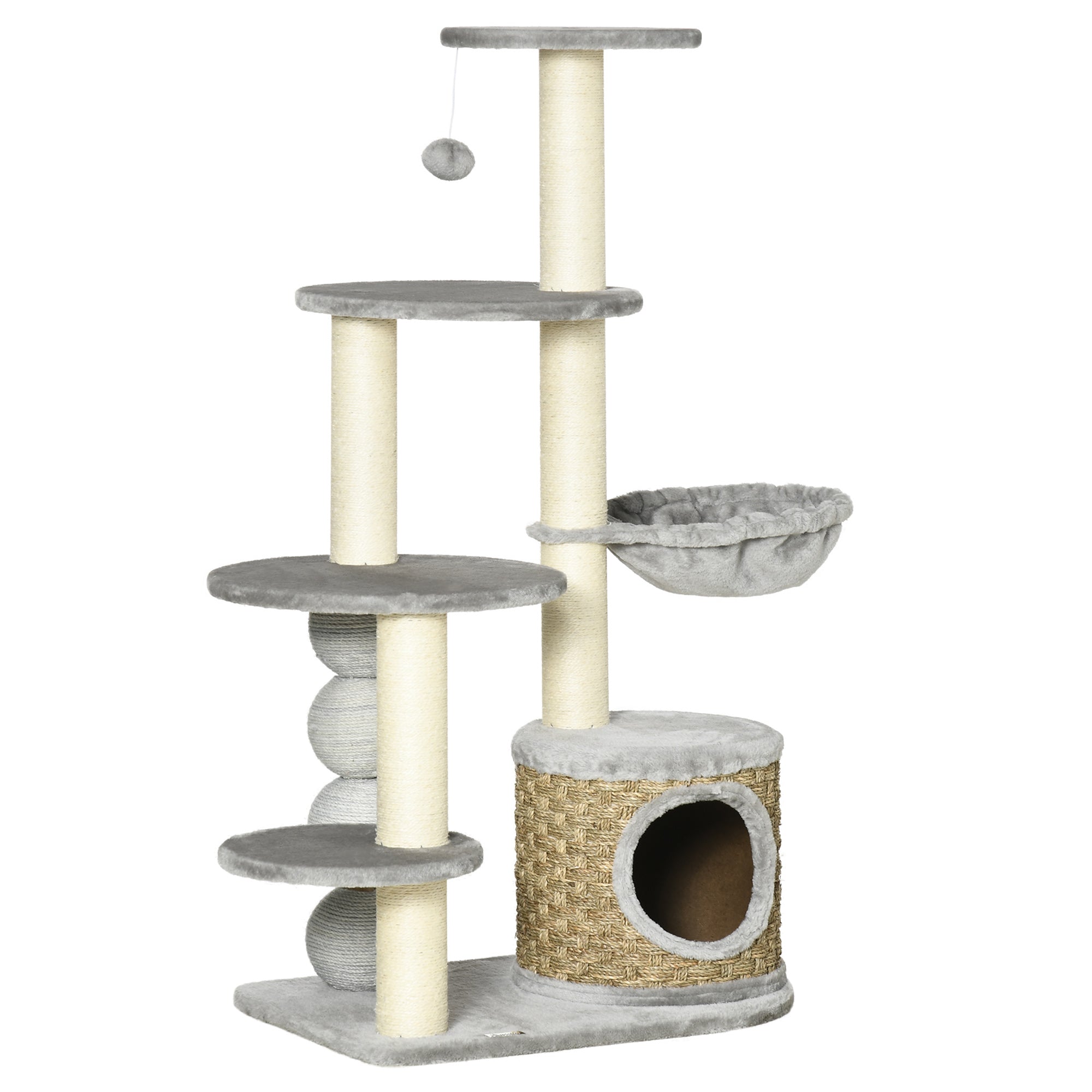 PawHut Cat Tree 115Hcm Cat Climbing Tower Kitten Activity Centre w/ Cat House, Hammock, Jute Scratching Post and Hanging Ball - Light Grey