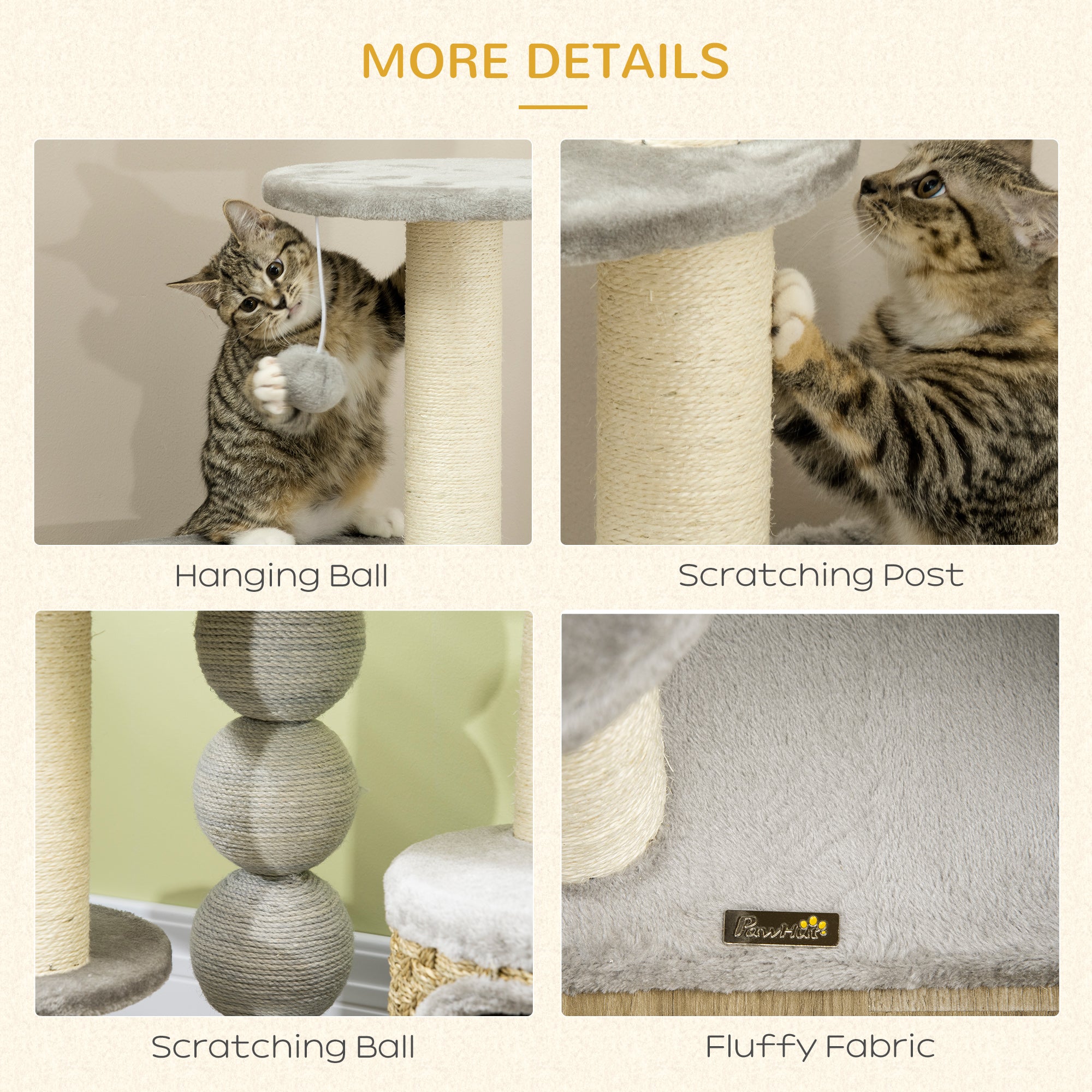 PawHut Cat Tree 115Hcm Cat Climbing Tower Kitten Activity Centre w/ Cat House, Hammock, Jute Scratching Post and Hanging Ball - Light Grey