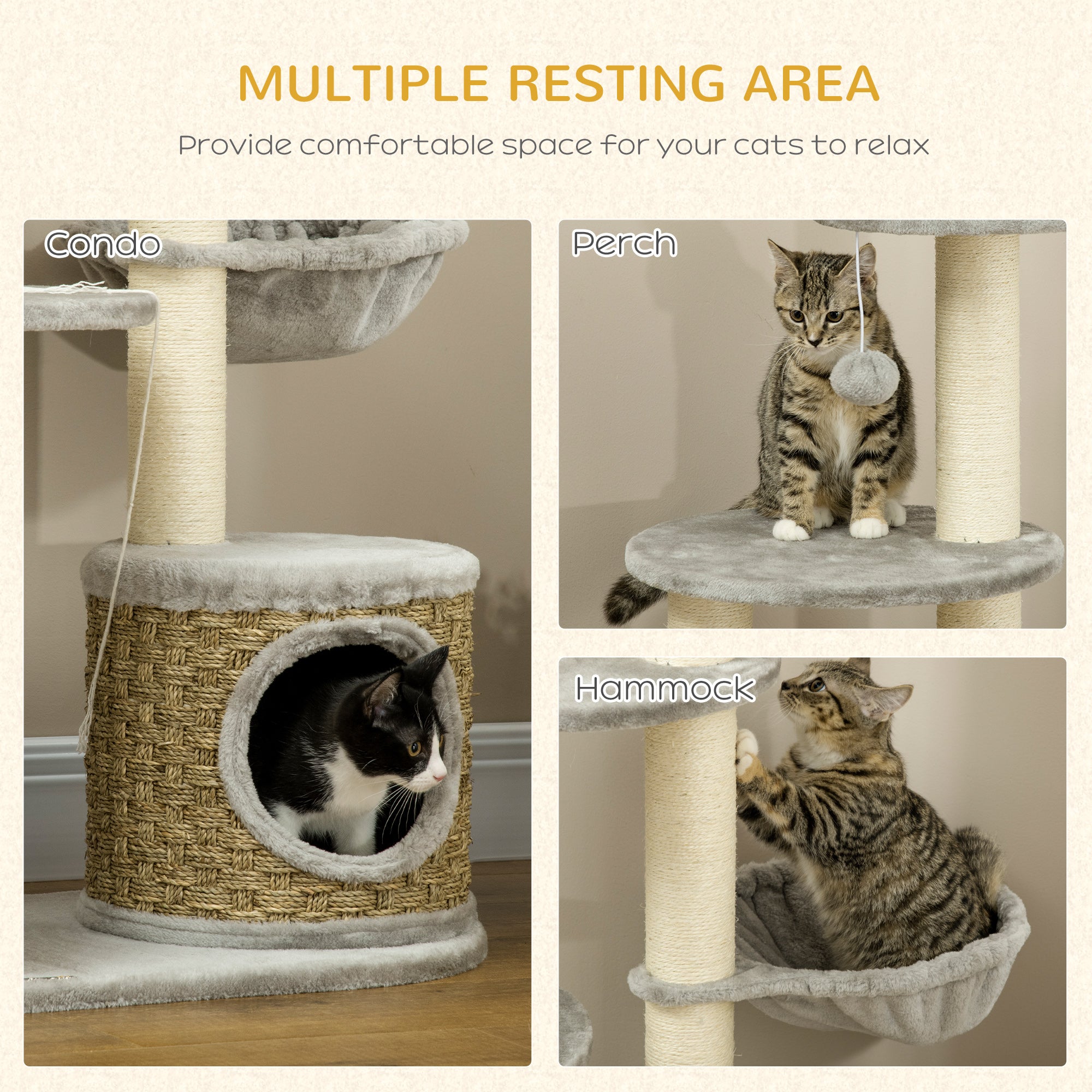 PawHut Cat Tree 115Hcm Cat Climbing Tower Kitten Activity Centre w/ Cat House, Hammock, Jute Scratching Post and Hanging Ball - Light Grey