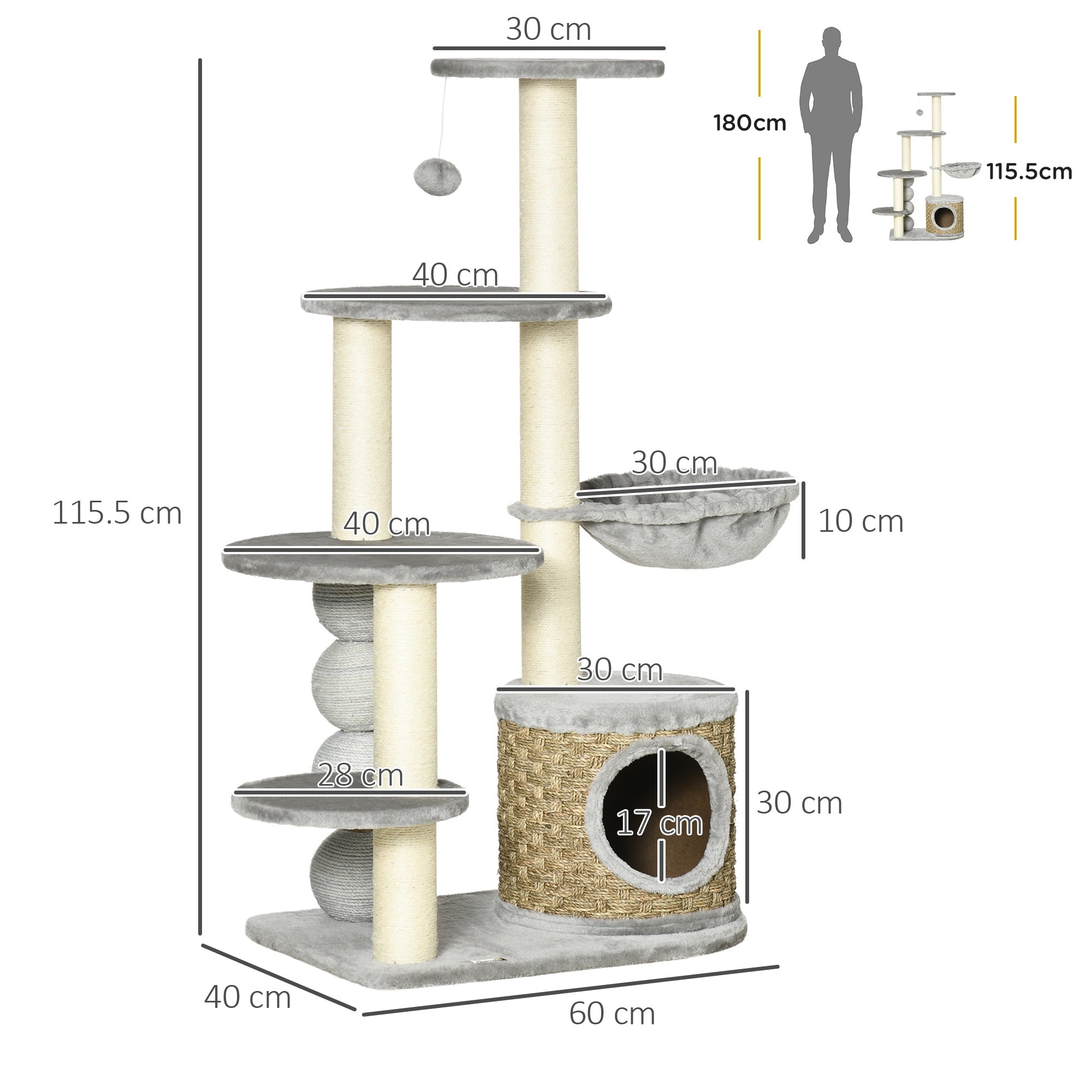 PawHut Cat Tree 115Hcm Cat Climbing Tower Kitten Activity Centre w/ Cat House, Hammock, Jute Scratching Post and Hanging Ball - Light Grey