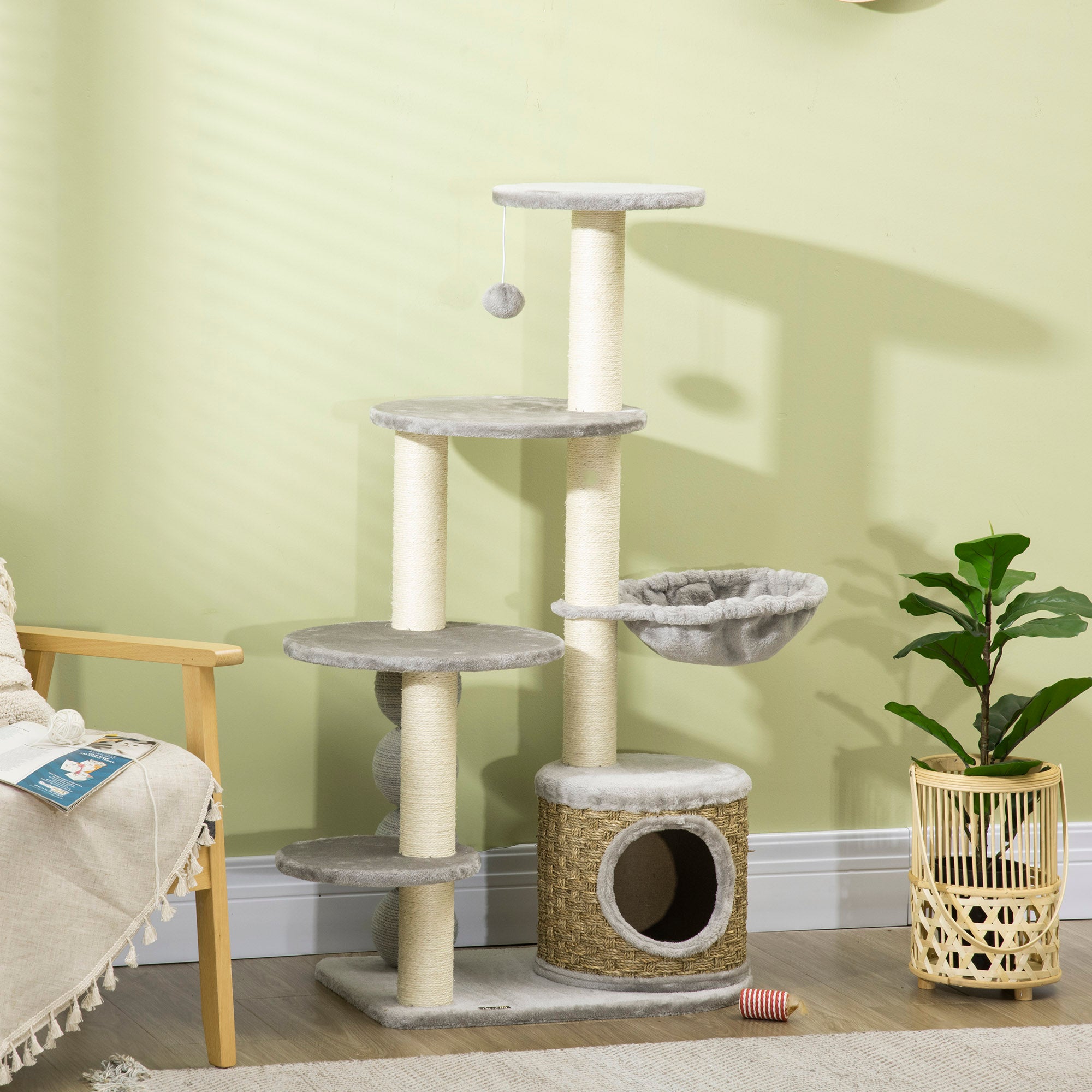 PawHut Cat Tree 115Hcm Cat Climbing Tower Kitten Activity Centre w/ Cat House, Hammock, Jute Scratching Post and Hanging Ball - Light Grey