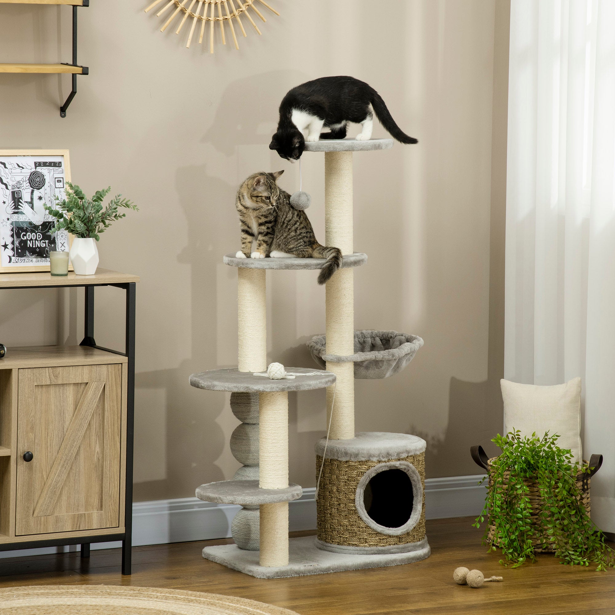 PawHut Cat Tree 115Hcm Cat Climbing Tower Kitten Activity Centre w/ Cat House, Hammock, Jute Scratching Post and Hanging Ball - Light Grey