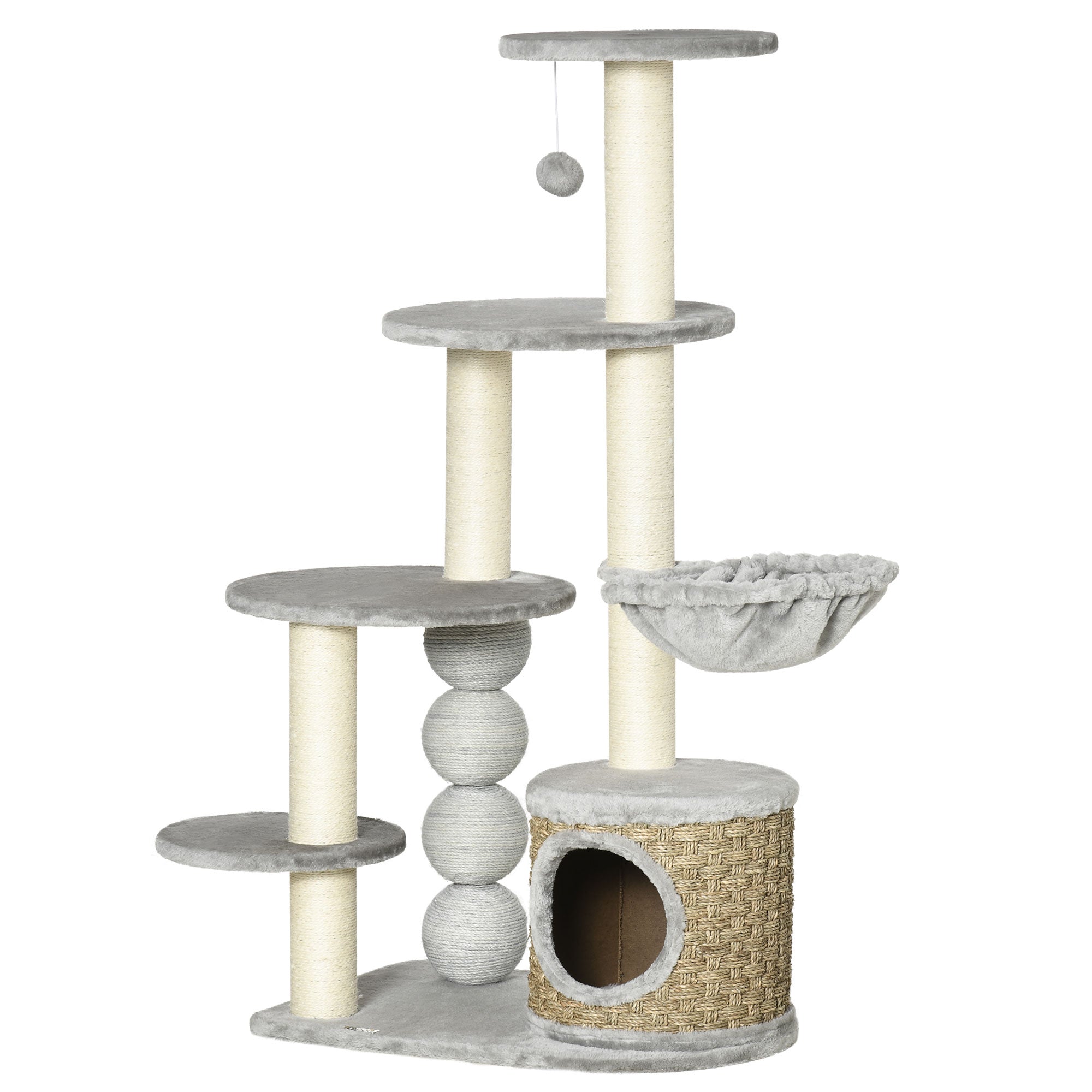PawHut Cat Tree 115Hcm Cat Climbing Tower Kitten Activity Centre w/ Cat House, Hammock, Jute Scratching Post and Hanging Ball - Light Grey
