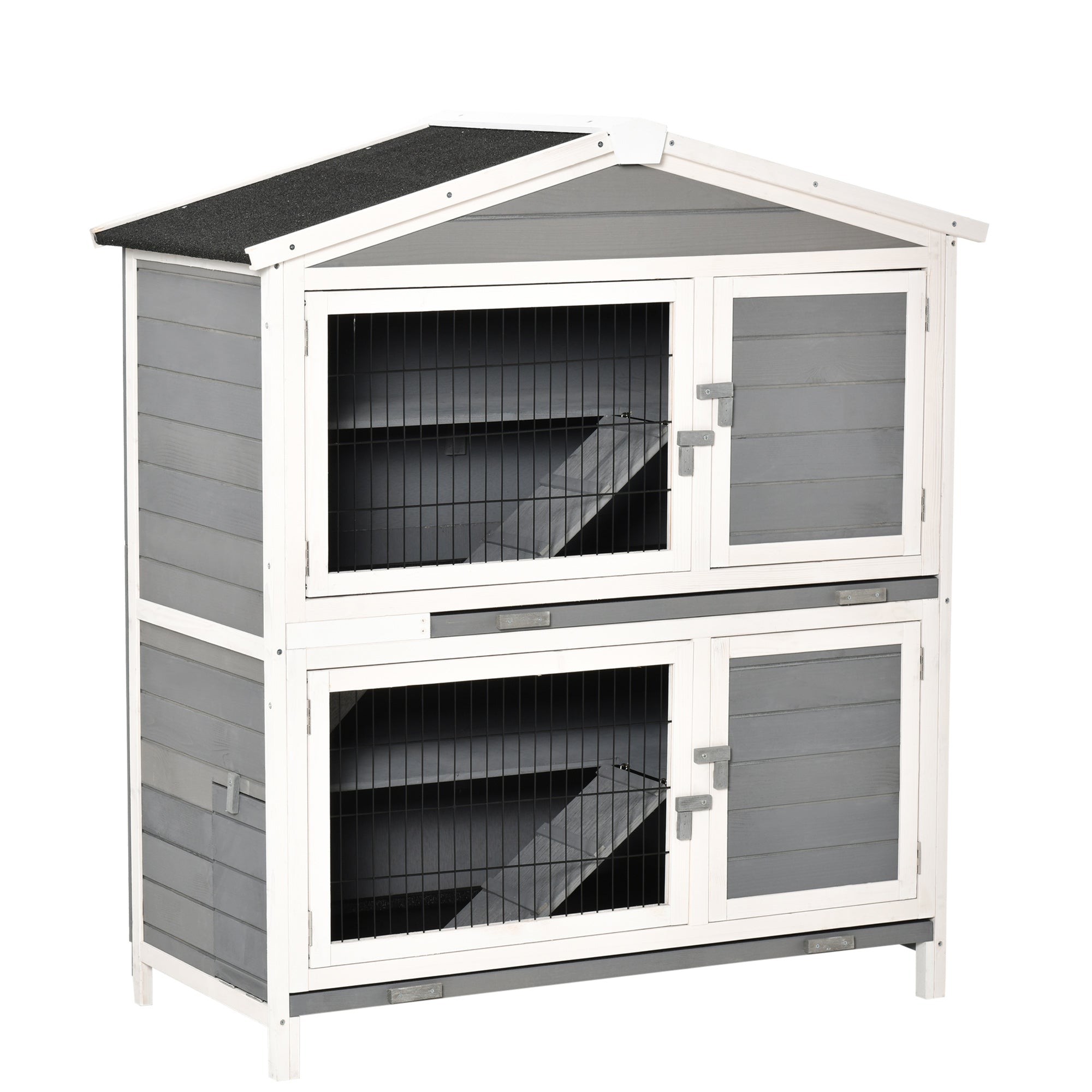 PawHut 47" 2-Floor Large Rabbit Hutch Wooden Pet House Multi-door Bunny Cage Small Animal Habitat with 3 Ramps Lockable Doors Run Area Asphalt Roof for Outdoor Use