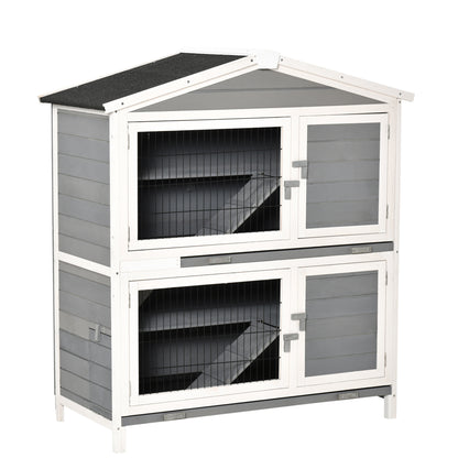 PawHut 47" 2-Floor Large Rabbit Hutch Wooden Pet House Multi-door Bunny Cage Small Animal Habitat with 3 Ramps Lockable Doors Run Area Asphalt Roof for Outdoor Use