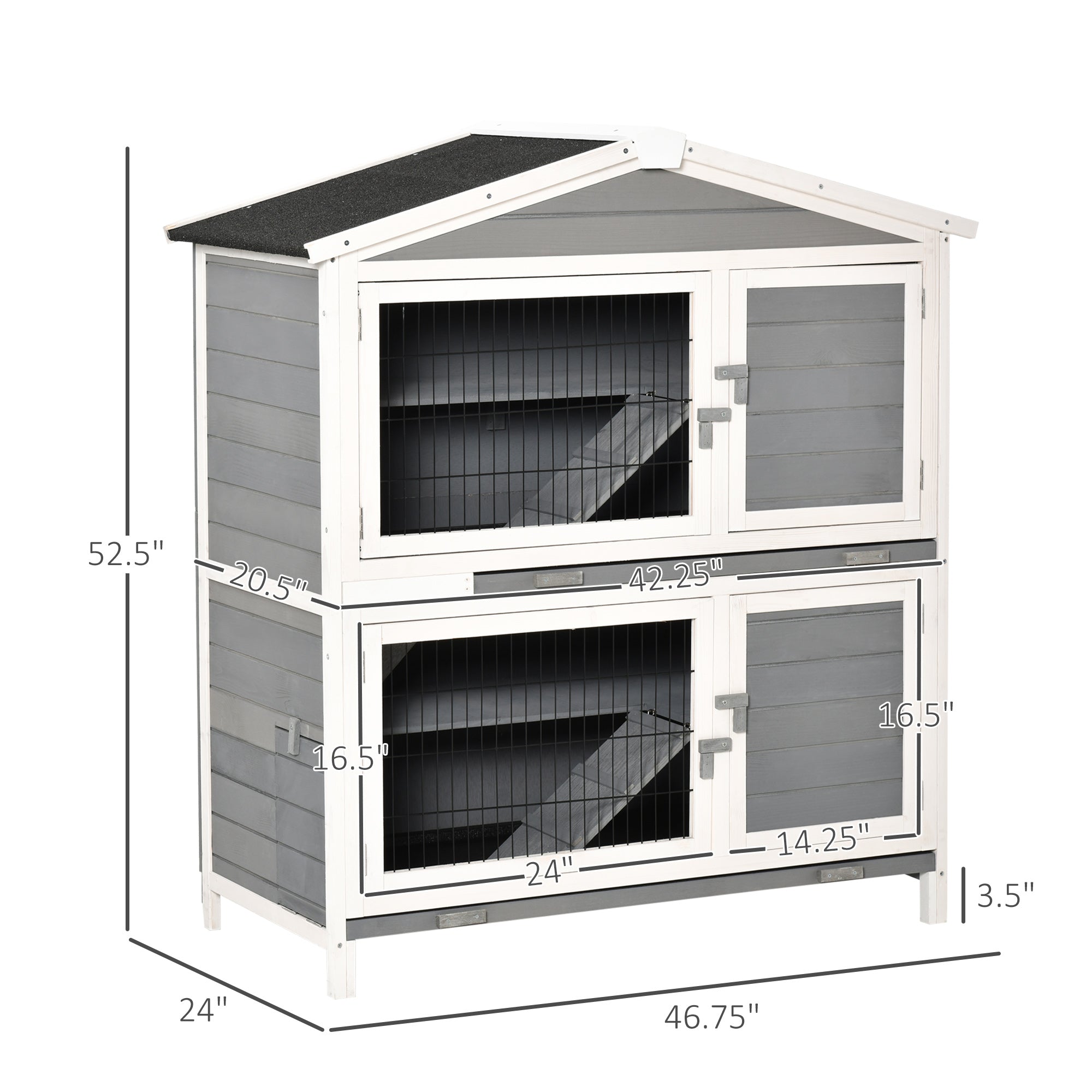 PawHut 47" 2-Floor Large Rabbit Hutch Wooden Pet House Multi-door Bunny Cage Small Animal Habitat with 3 Ramps Lockable Doors Run Area Asphalt Roof for Outdoor Use