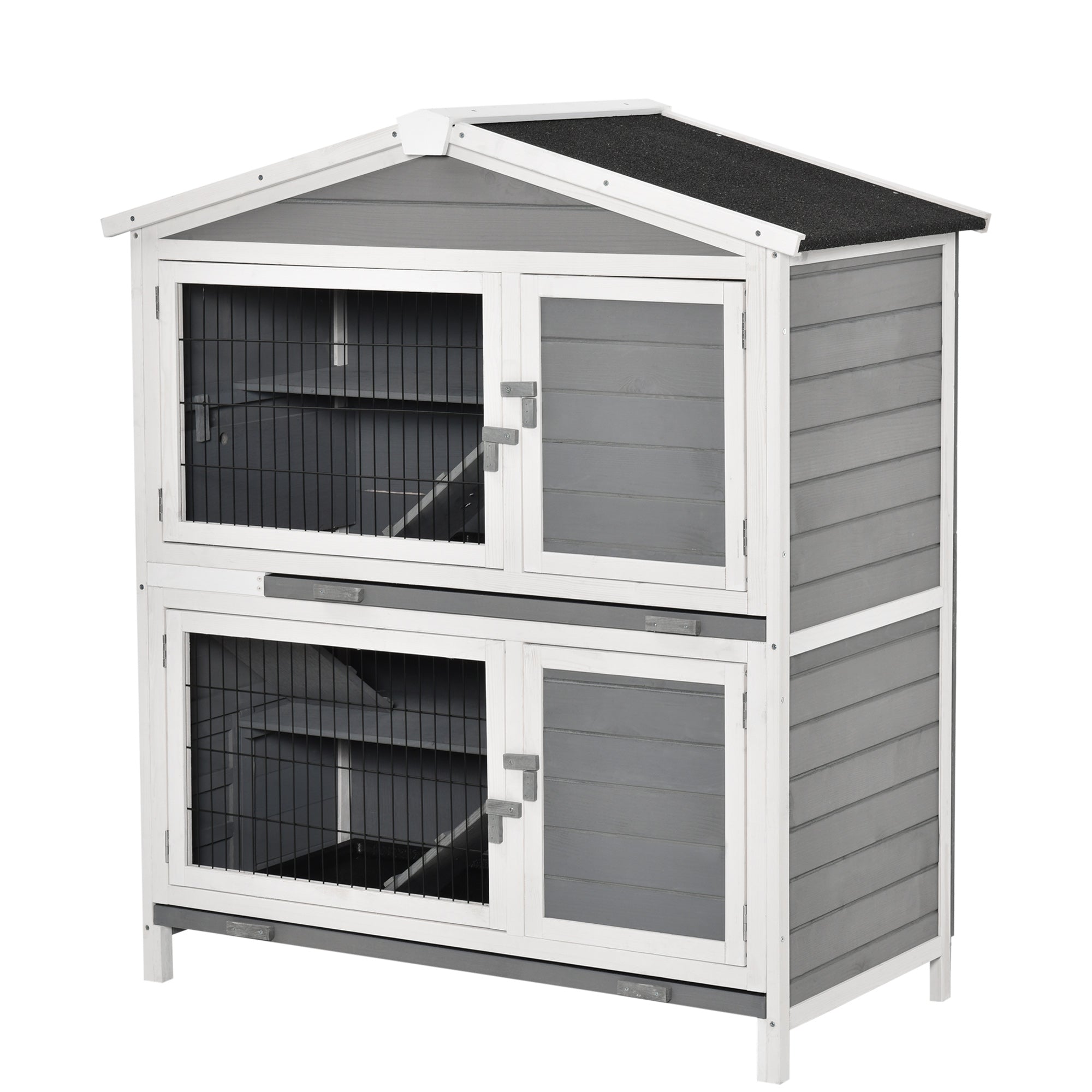 PawHut 47" 2-Floor Large Rabbit Hutch Wooden Pet House Multi-door Bunny Cage Small Animal Habitat with 3 Ramps Lockable Doors Run Area Asphalt Roof for Outdoor Use