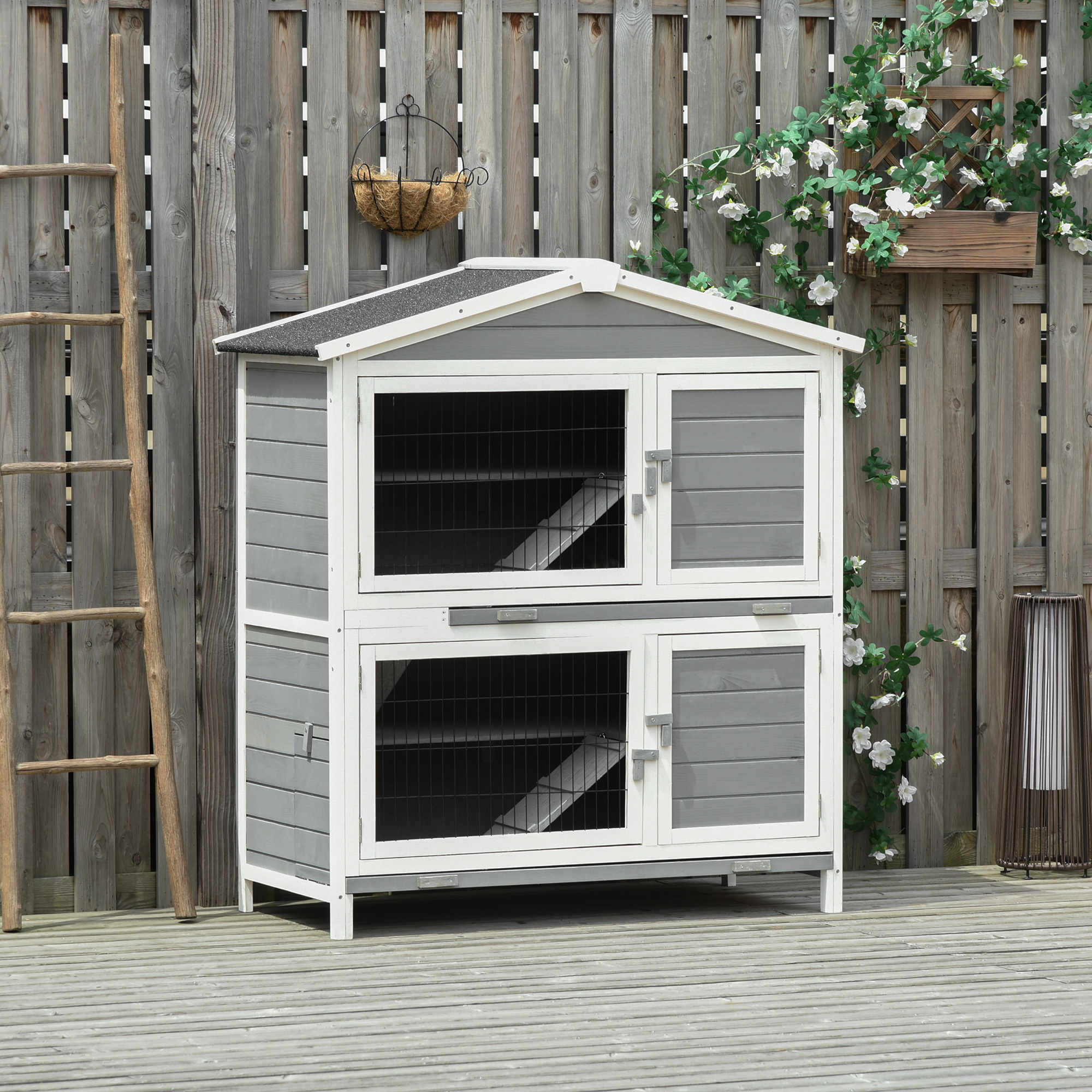 PawHut 47" 2-Floor Large Rabbit Hutch Wooden Pet House Multi-door Bunny Cage Small Animal Habitat with 3 Ramps Lockable Doors Run Area Asphalt Roof for Outdoor Use
