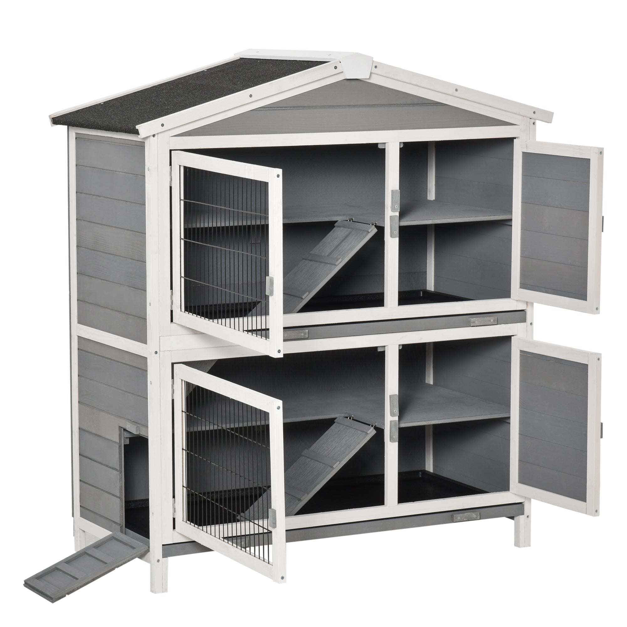 PawHut 47" 2-Floor Large Rabbit Hutch Wooden Pet House Multi-door Bunny Cage Small Animal Habitat with 3 Ramps Lockable Doors Run Area Asphalt Roof for Outdoor Use