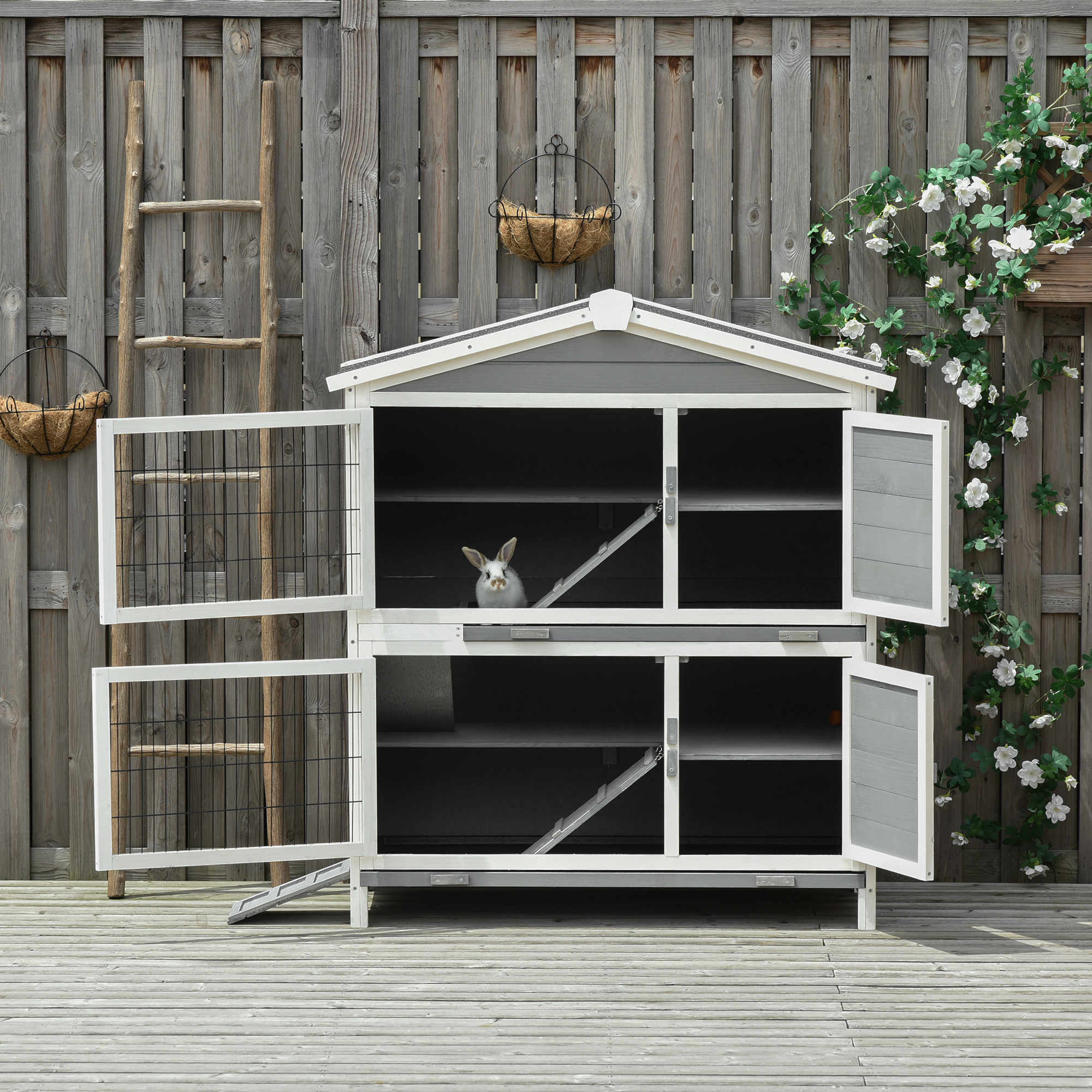 PawHut 47" 2-Floor Large Rabbit Hutch Wooden Pet House Multi-door Bunny Cage Small Animal Habitat with 3 Ramps Lockable Doors Run Area Asphalt Roof for Outdoor Use
