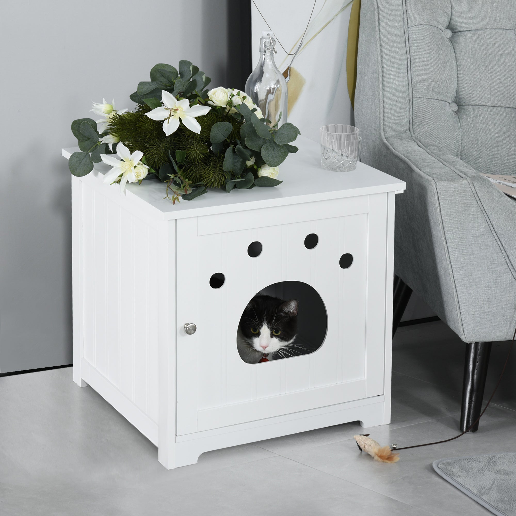 PawHut Wooden Cat Washroom Pet Litter Box Enclosure Kitten House Nightstand End Table Hideaway Cabinet with Magnetic Doors White