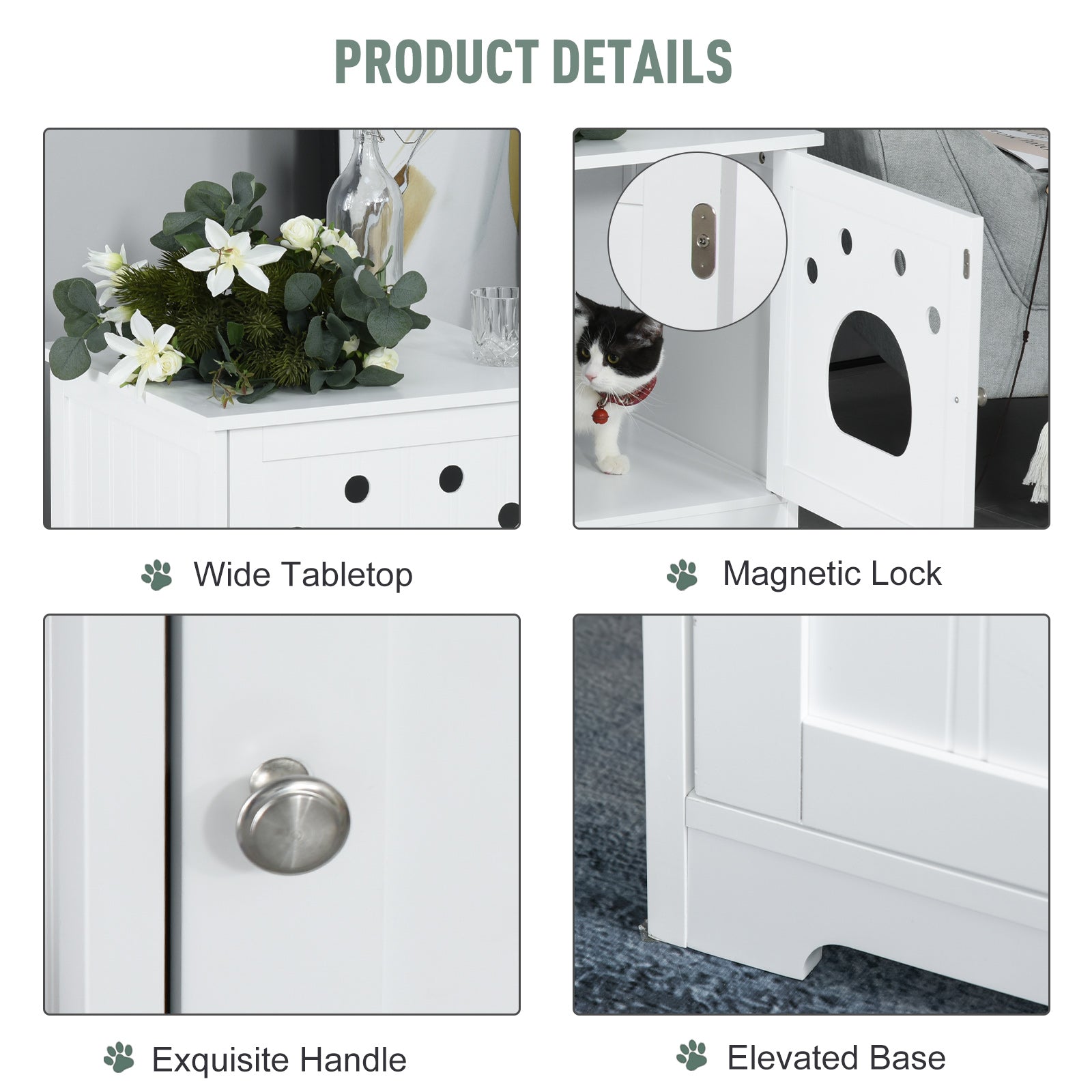 PawHut Wooden Cat Washroom Pet Litter Box Enclosure Kitten House Nightstand End Table Hideaway Cabinet with Magnetic Doors White